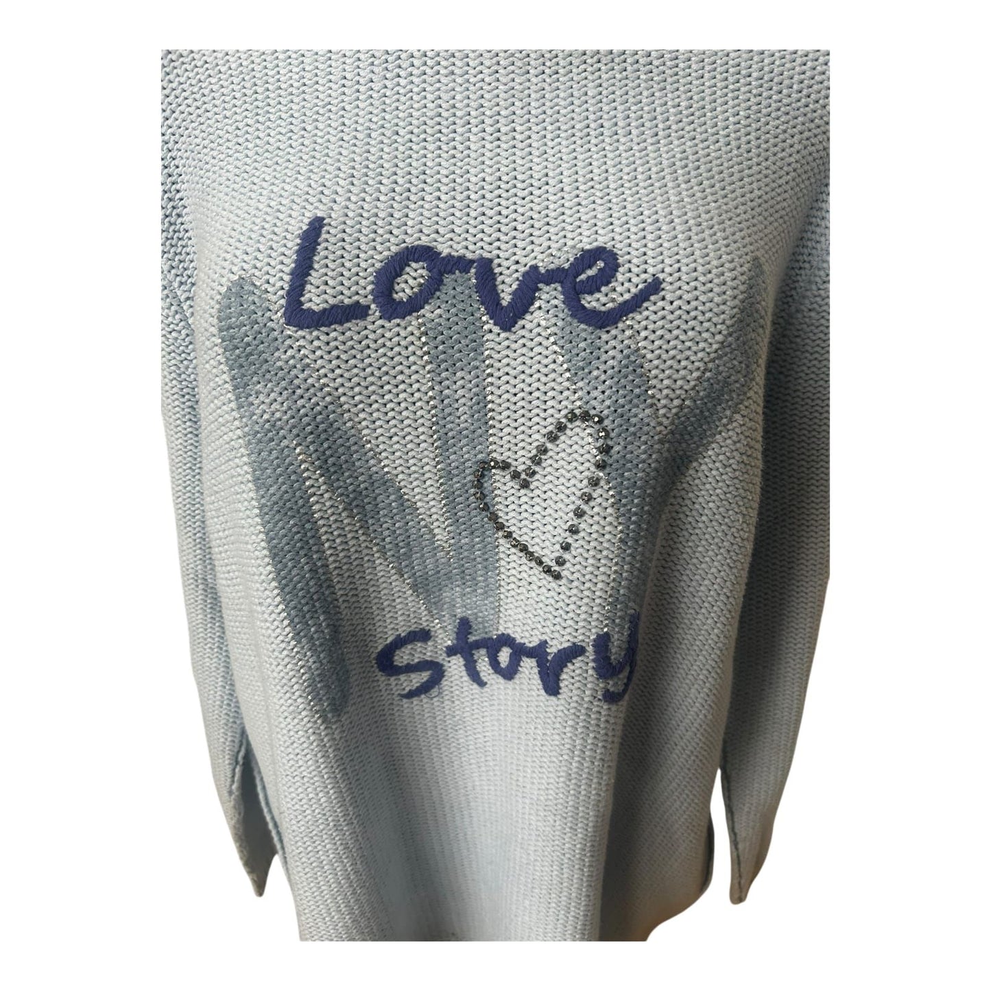 Six o Seven Pullover Damen Hellblau Oversize Langarm Grobstrick Love Print