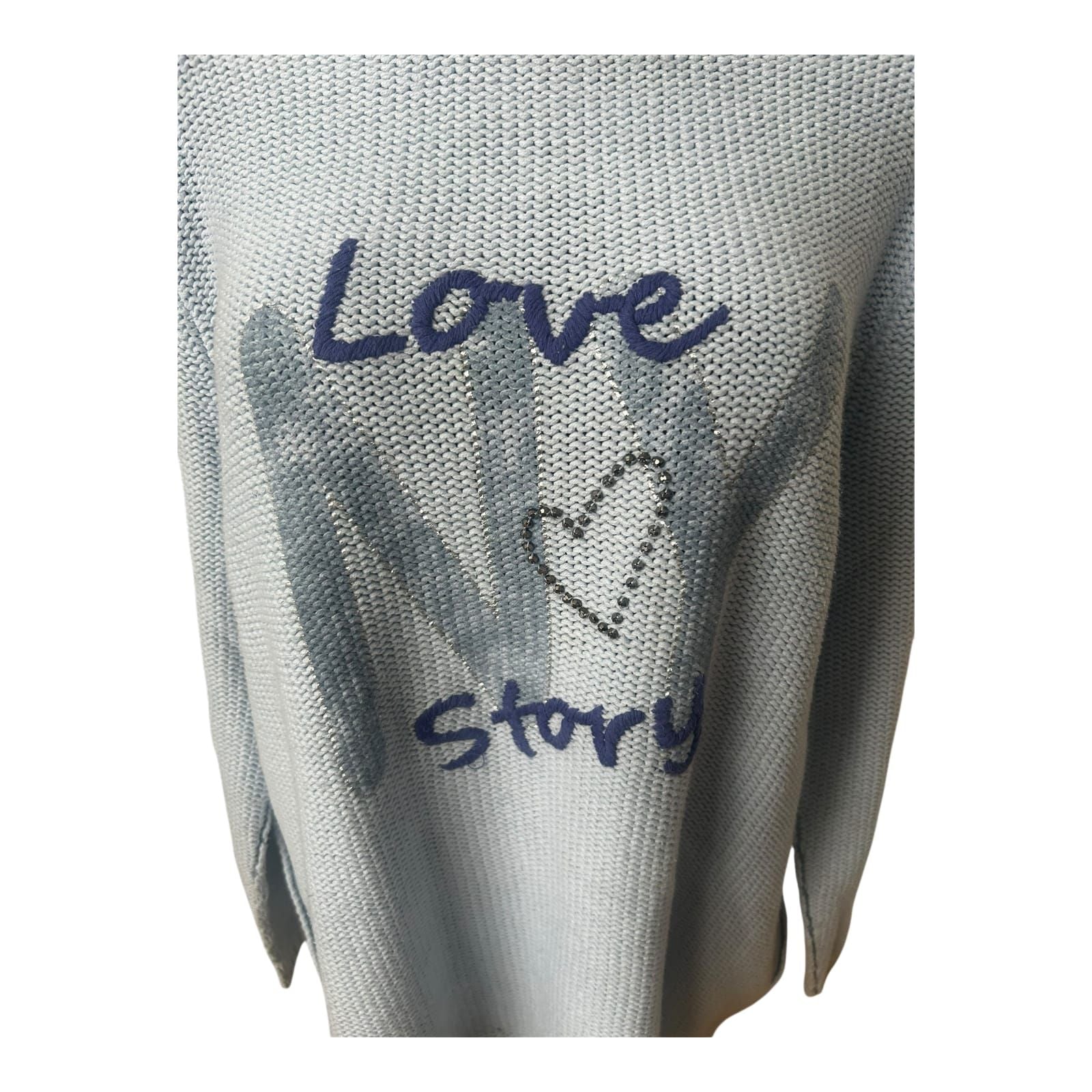 Six o Seven Pullover Damen Hellblau Oversize Langarm Grobstrick Love Print