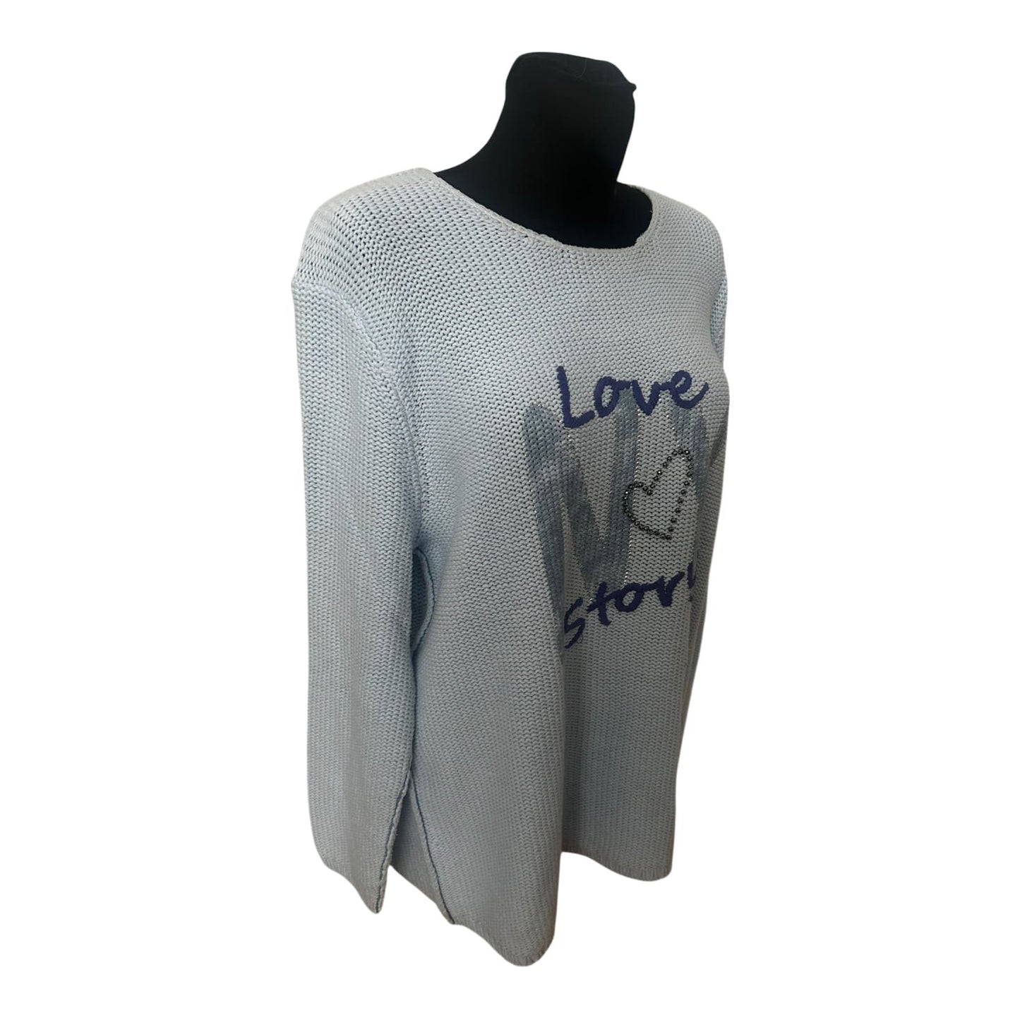 Six o Seven Pullover Damen Hellblau Oversize Langarm Grobstrick Love Print