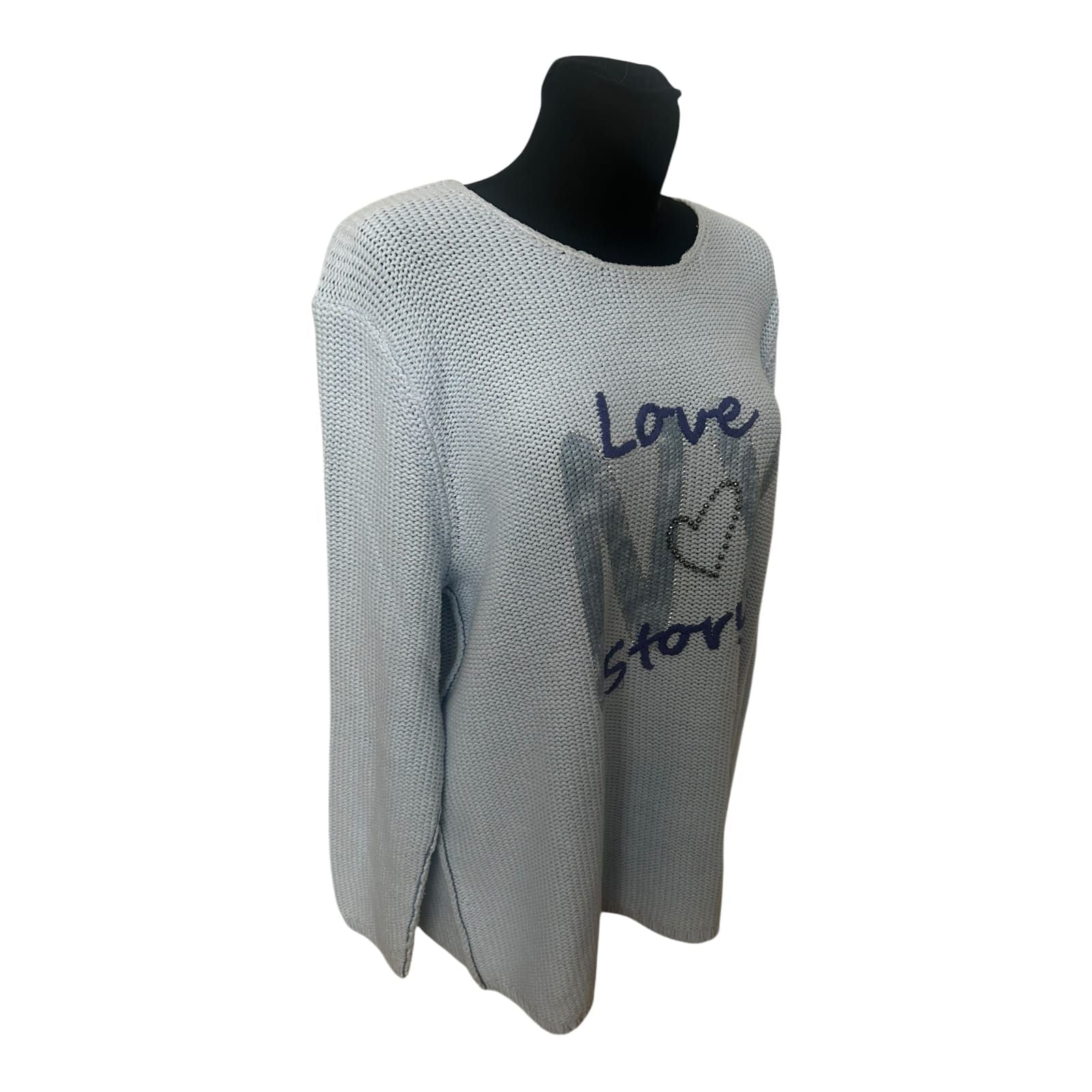Six o Seven Pullover Damen Hellblau Oversize Langarm Grobstrick Love Print