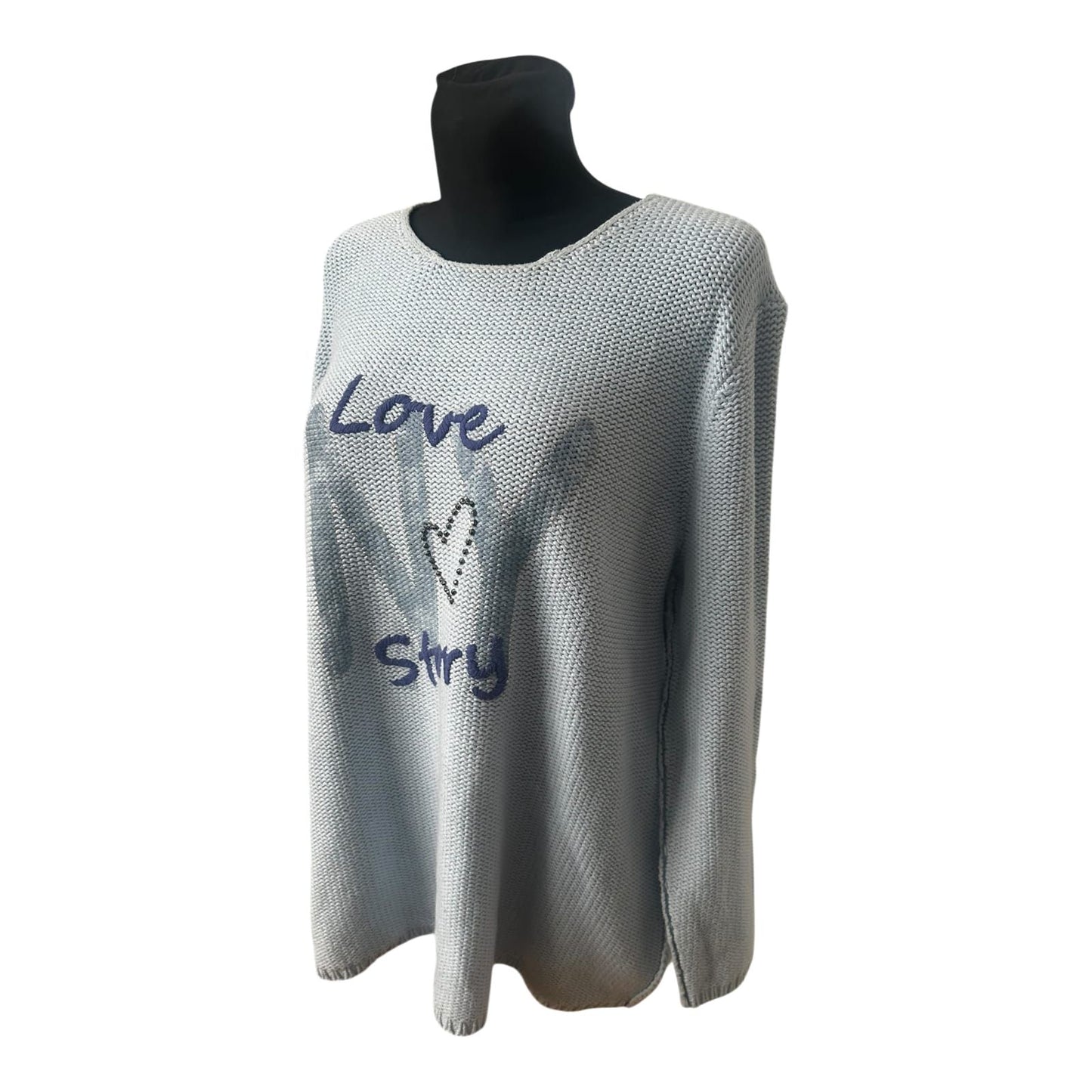 Six o Seven Pullover Damen Hellblau Oversize Langarm Grobstrick Love Print