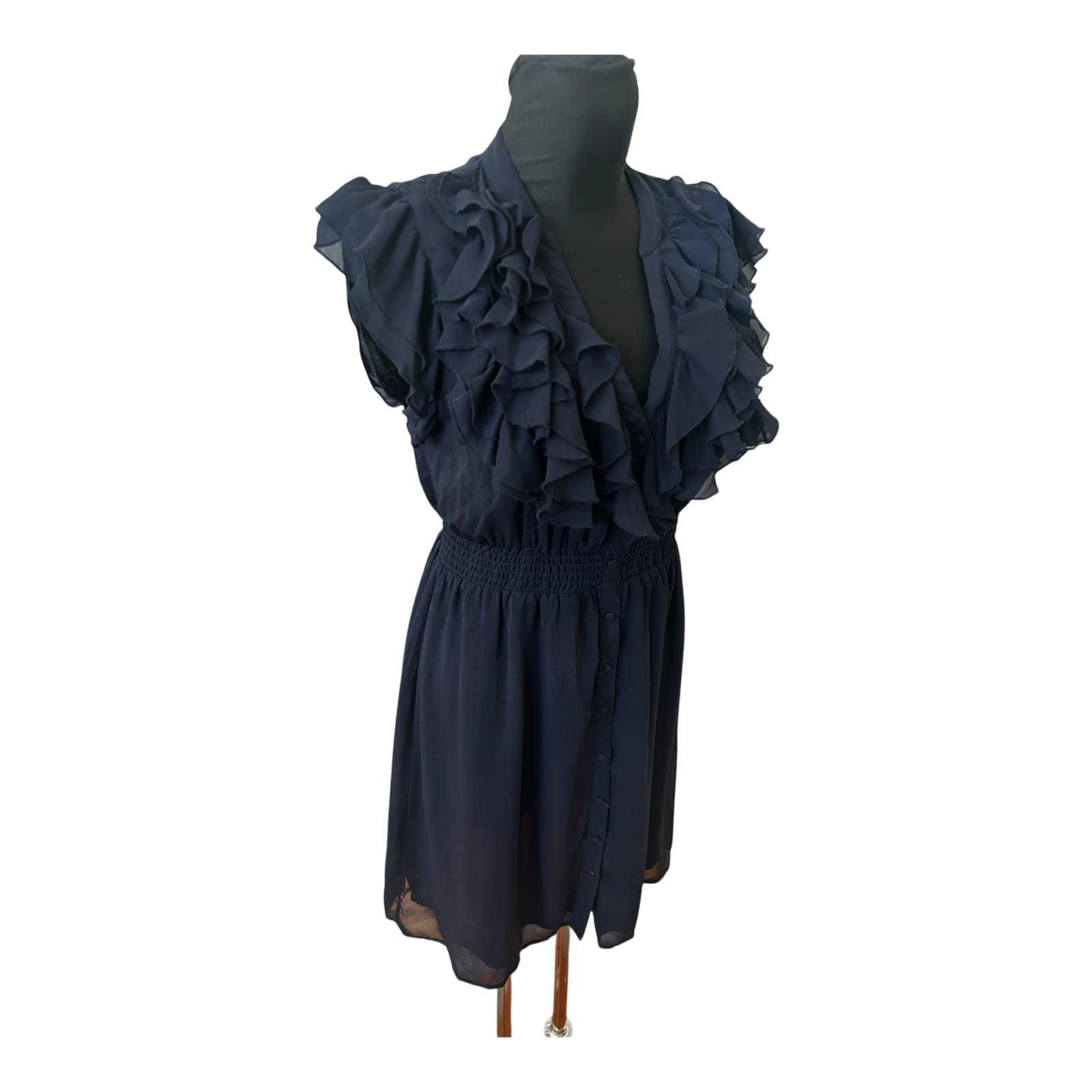 H&M Damen Kleid Sommer Volants Chiffon Dunkelblau Elegant Gr 40