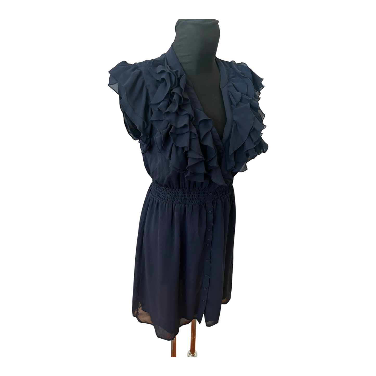 H&M Damen Kleid Sommer Volants Chiffon Dunkelblau Elegant Gr 40