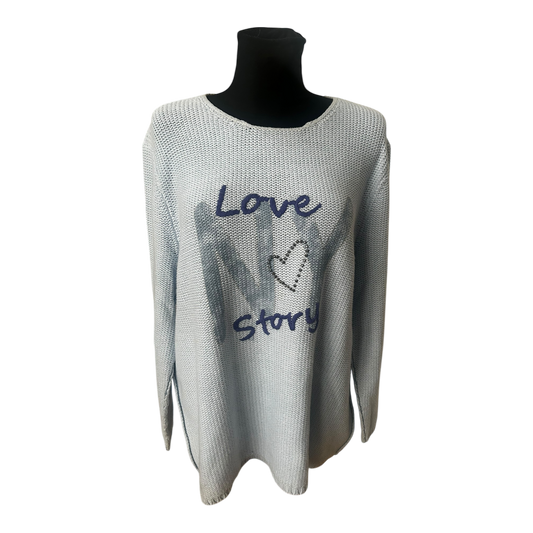 Six o Seven Pullover Damen Hellblau Oversize Langarm Grobstrick Love Print