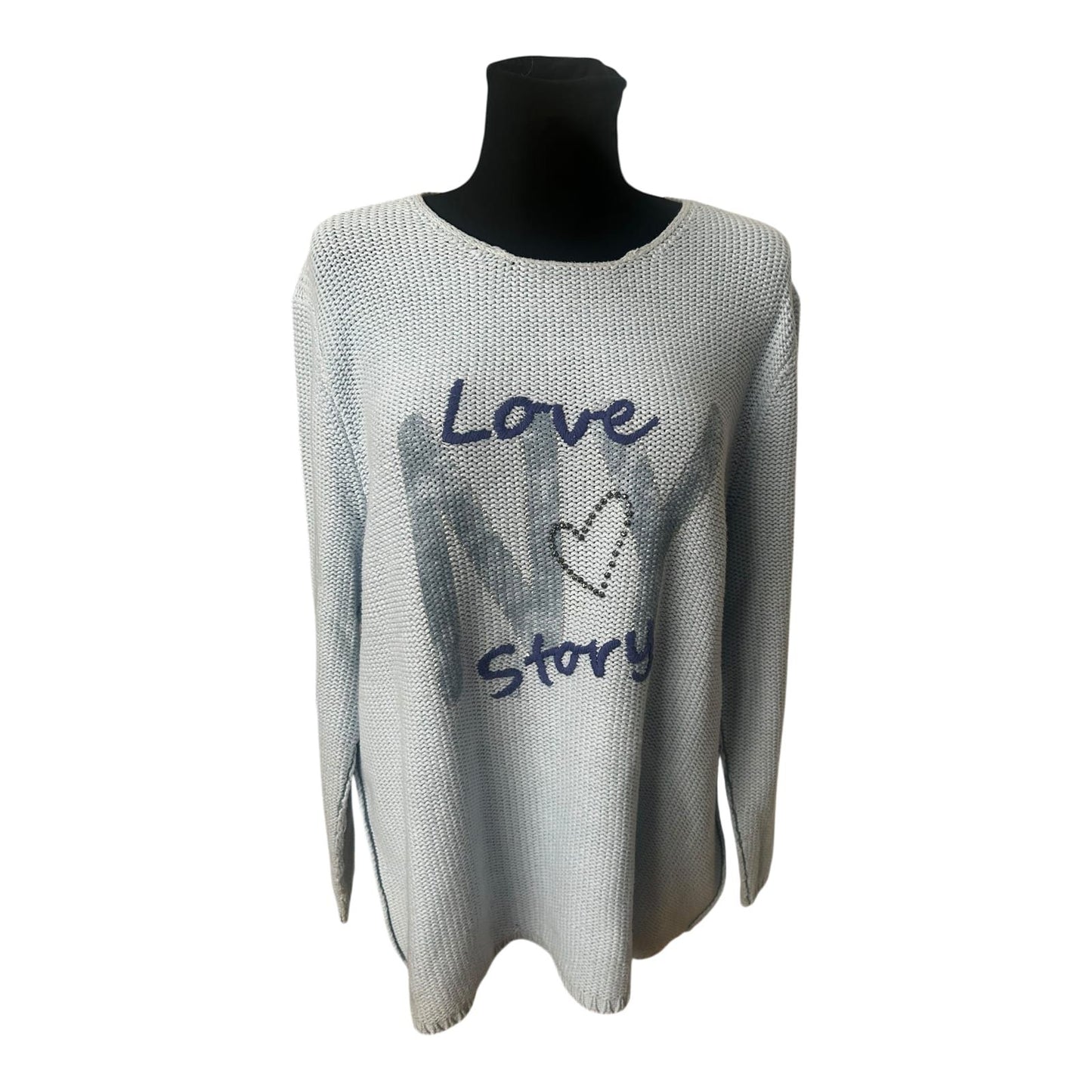 Six o Seven Pullover Damen Hellblau Oversize Langarm Grobstrick Love Print