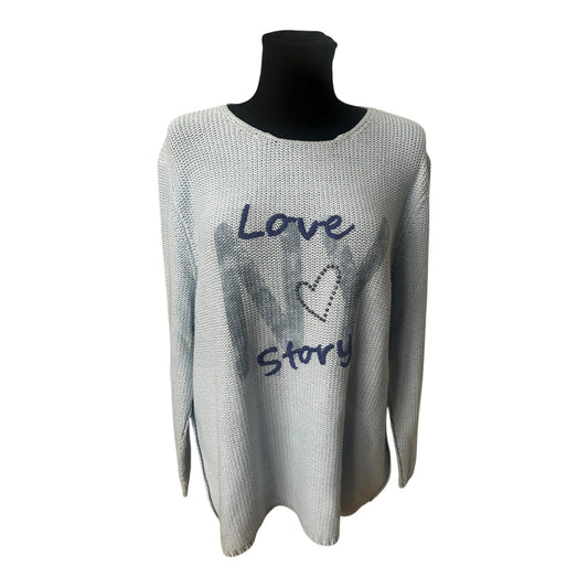 Six o Seven Pullover Damen Hellblau Oversize Langarm Grobstrick Love Print