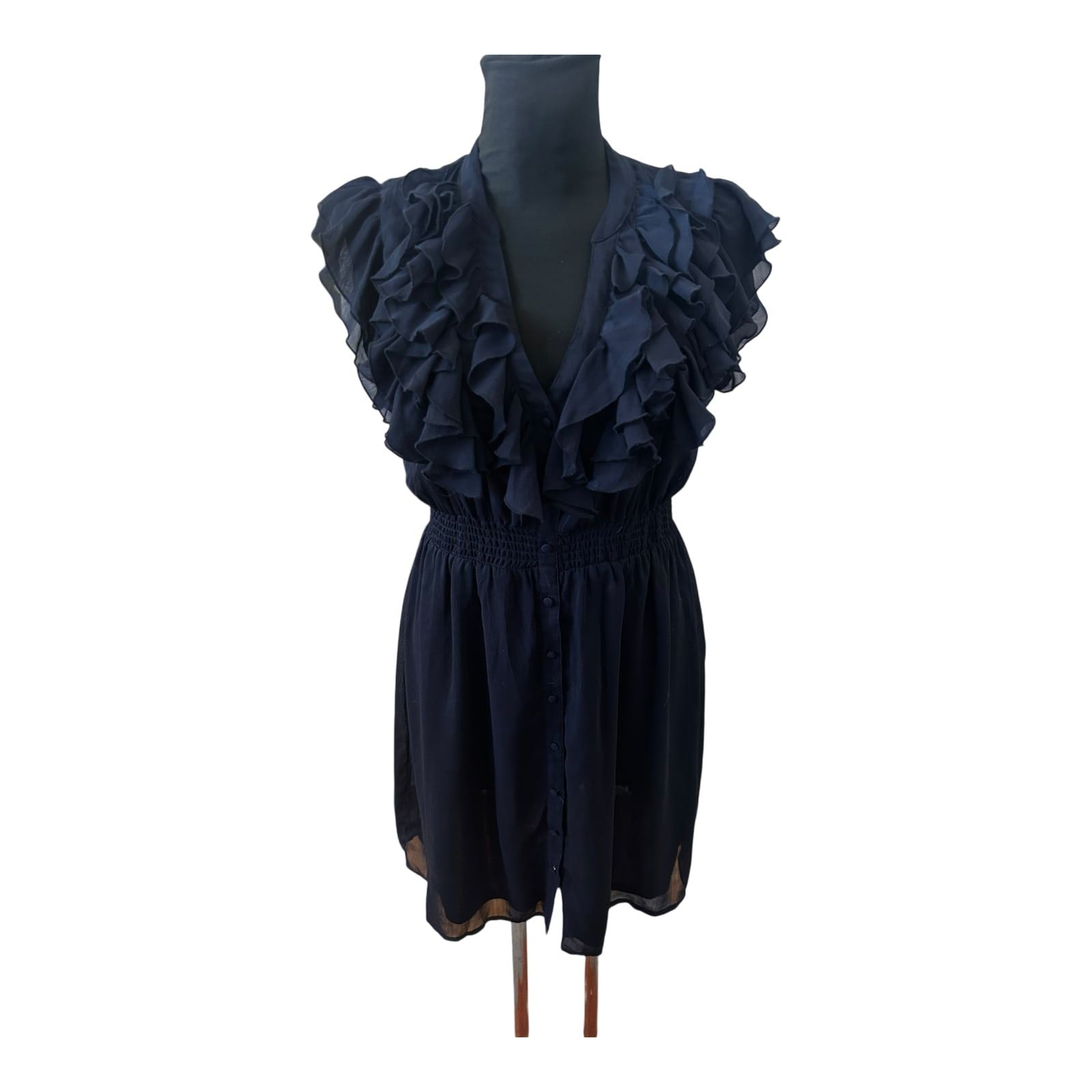 H&M Damen Kleid Sommer Volants Chiffon Dunkelblau Elegant Gr 40