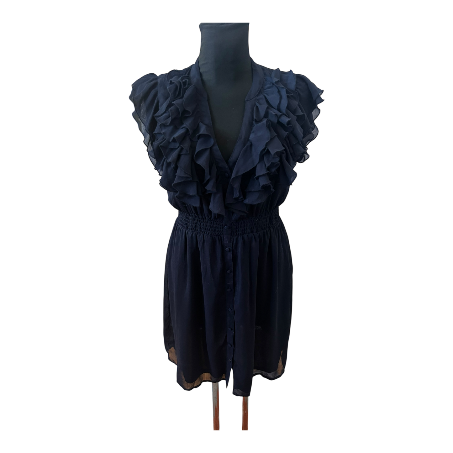 H&M Damen Kleid Sommer Volants Chiffon Dunkelblau Elegant Gr 40