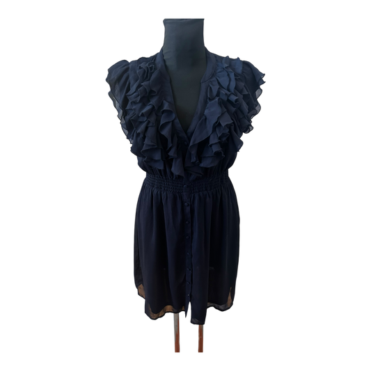 H&M Damen Kleid Sommer Volants Chiffon Dunkelblau Elegant Gr 40