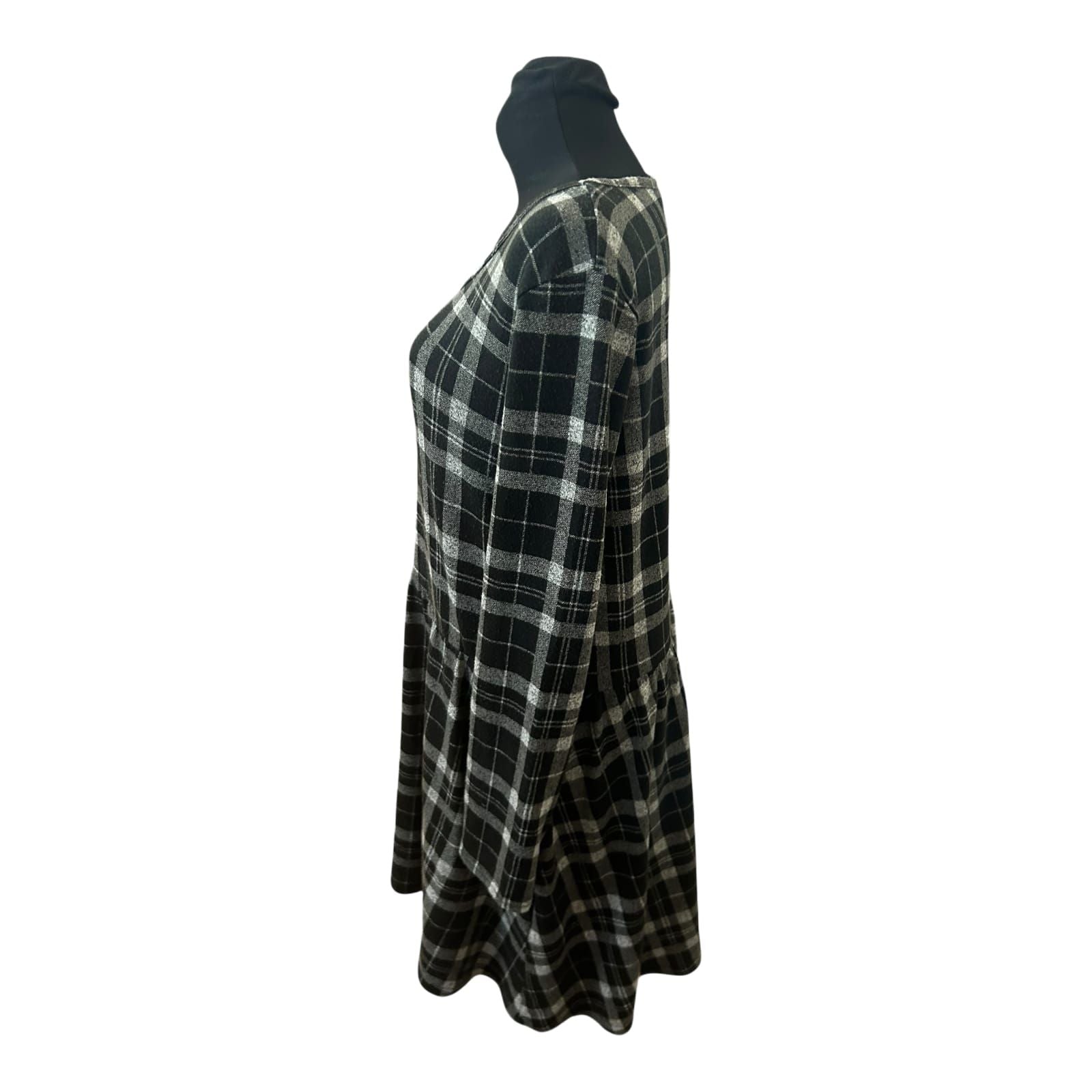 Gina Kleid Damen Gr 44 Schwarz Grau Karo Langarm Knielang Stretch