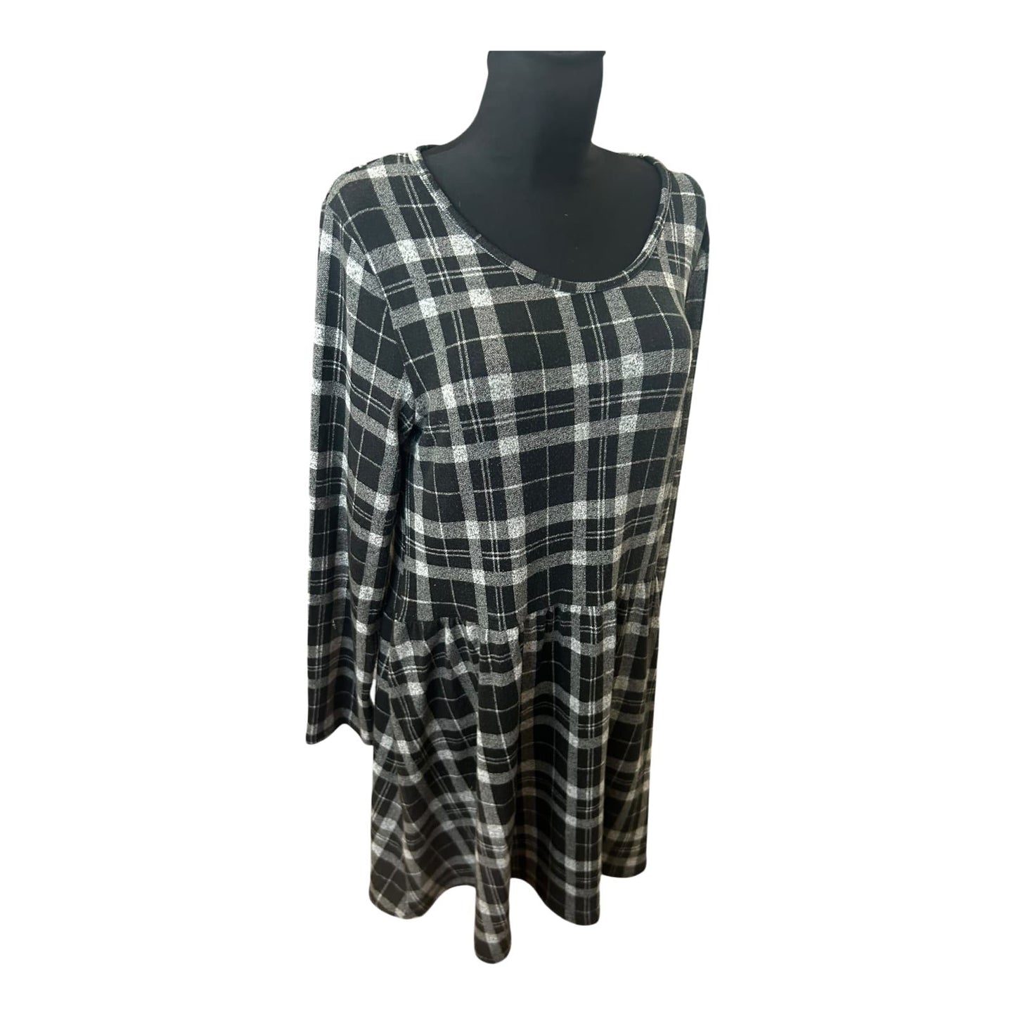Gina Kleid Damen Gr 44 Schwarz Grau Karo Langarm Knielang Stretch