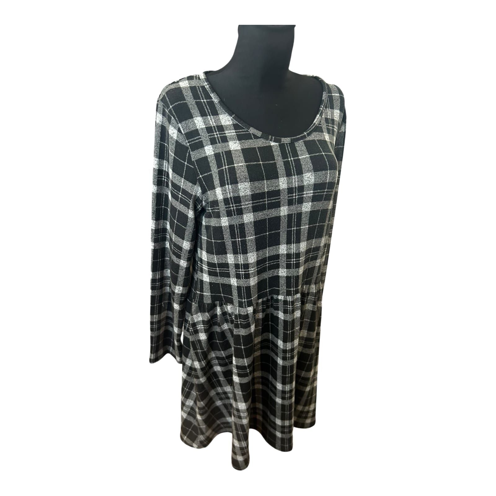 Gina Kleid Damen Gr 44 Schwarz Grau Karo Langarm Knielang Stretch
