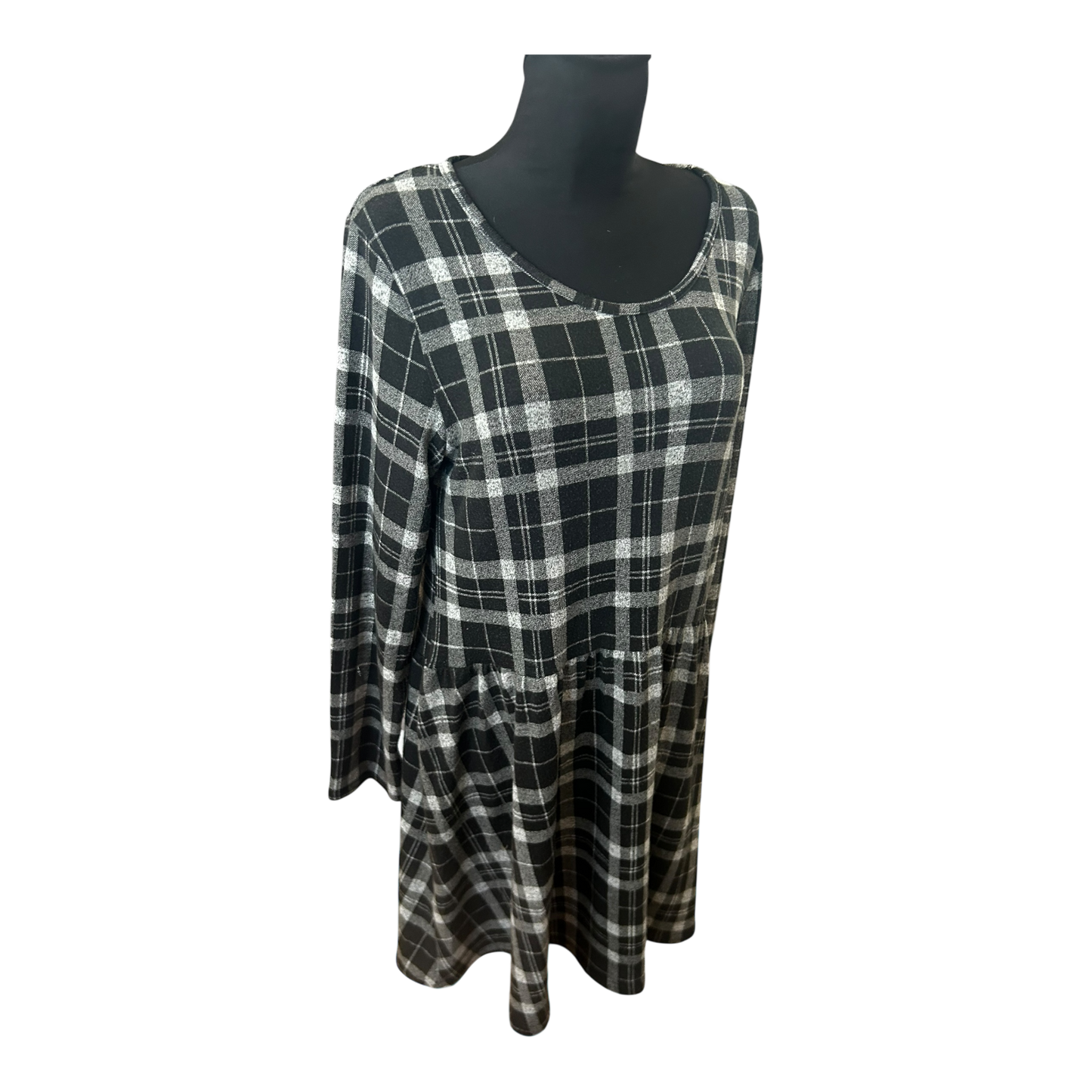 Gina Kleid Damen Gr 44 Schwarz Grau Karo Langarm Knielang Stretch