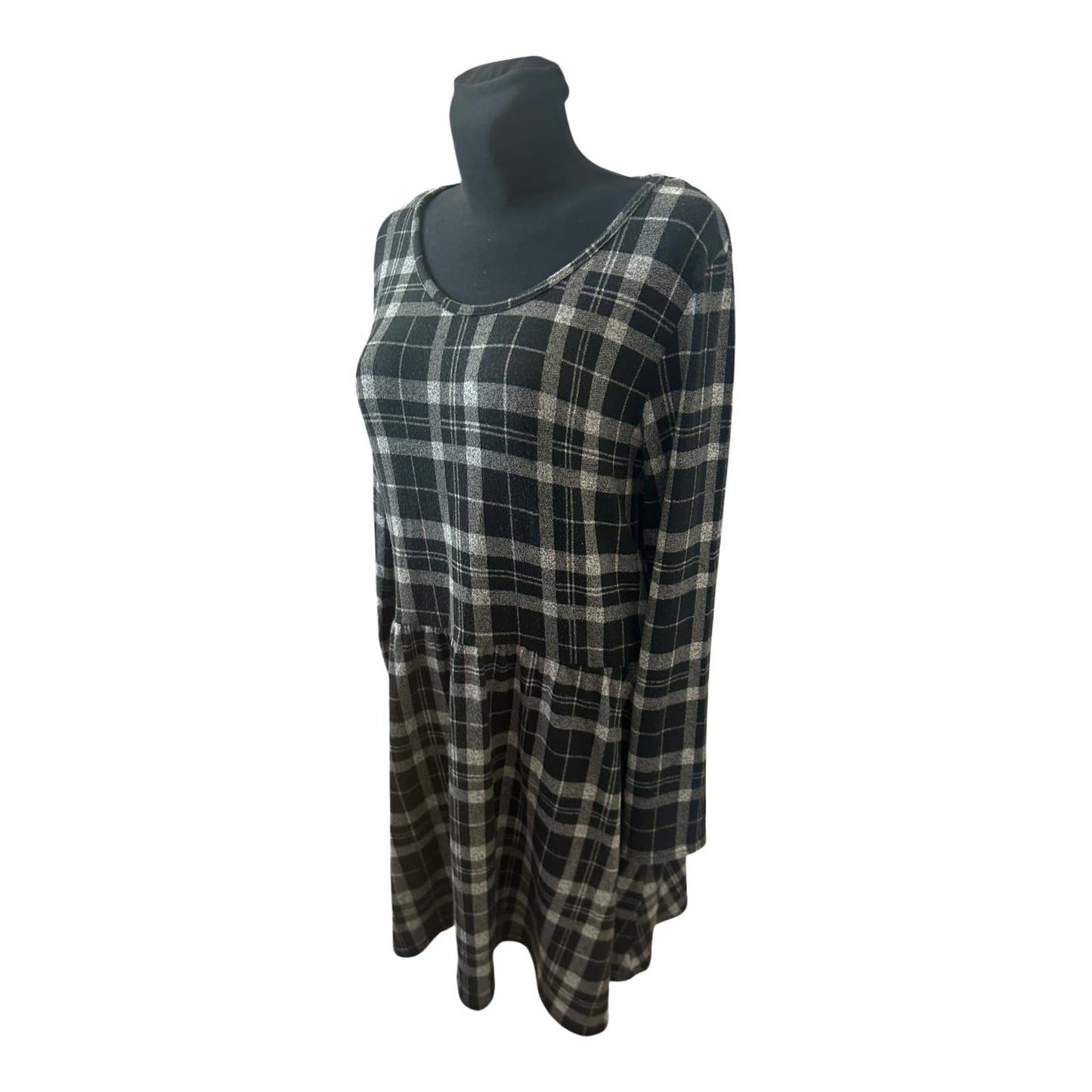Gina Kleid Damen Gr 44 Schwarz Grau Karo Langarm Knielang Stretch