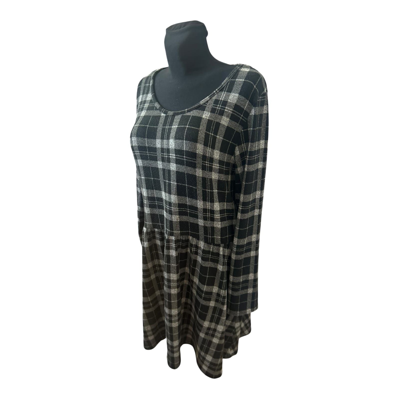 Gina Kleid Damen Gr 44 Schwarz Grau Karo Langarm Knielang Stretch