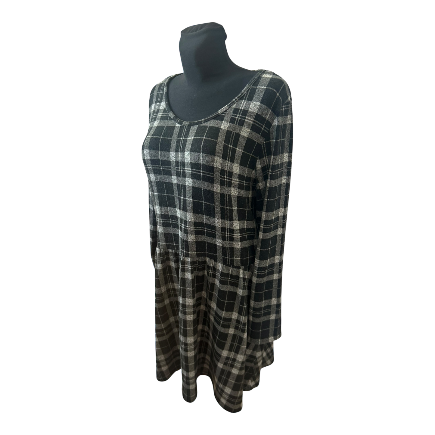 Gina Kleid Damen Gr 44 Schwarz Grau Karo Langarm Knielang Stretch