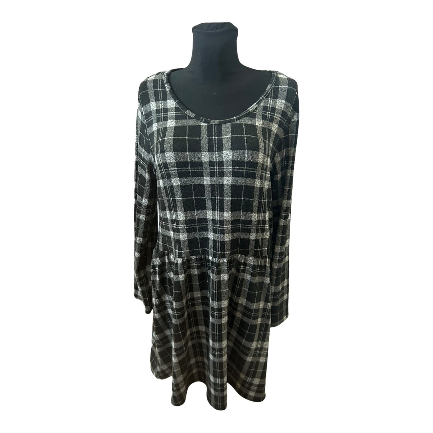 Gina Kleid Damen Gr 44 Schwarz Grau Karo Langarm Knielang Stretch