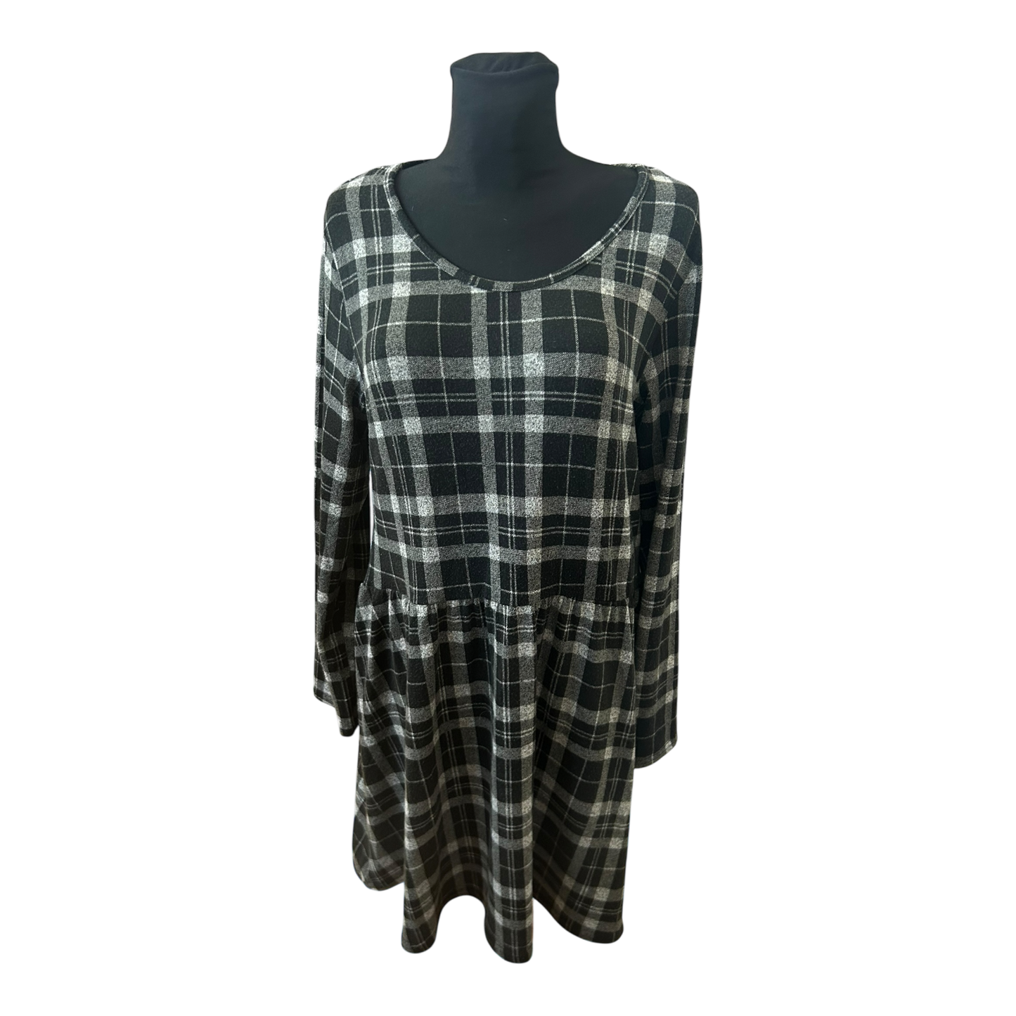 Gina Kleid Damen Gr 44 Schwarz Grau Karo Langarm Knielang Stretch