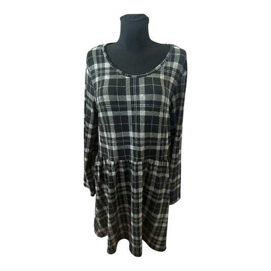 Gina Kleid Damen Gr 44 Schwarz Grau Karo Langarm Knielang Stretch