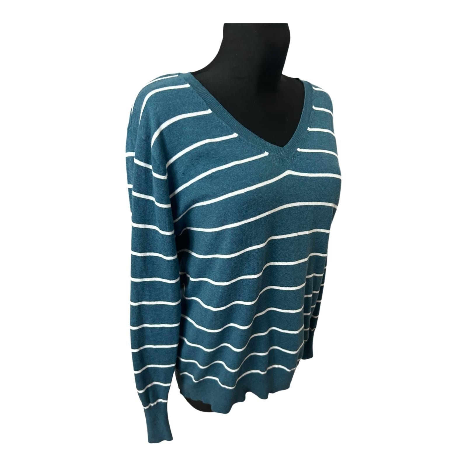 Yessica Damen Pullover XL Petrol Weiss Gestreift V Ausschnitt Feinstrick