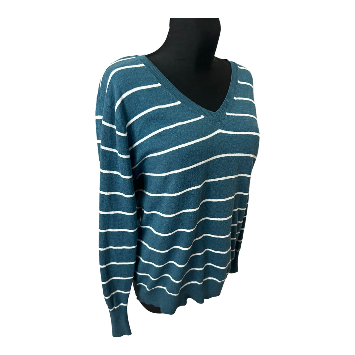 Yessica Damen Pullover XL Petrol Weiss Gestreift V Ausschnitt Feinstrick