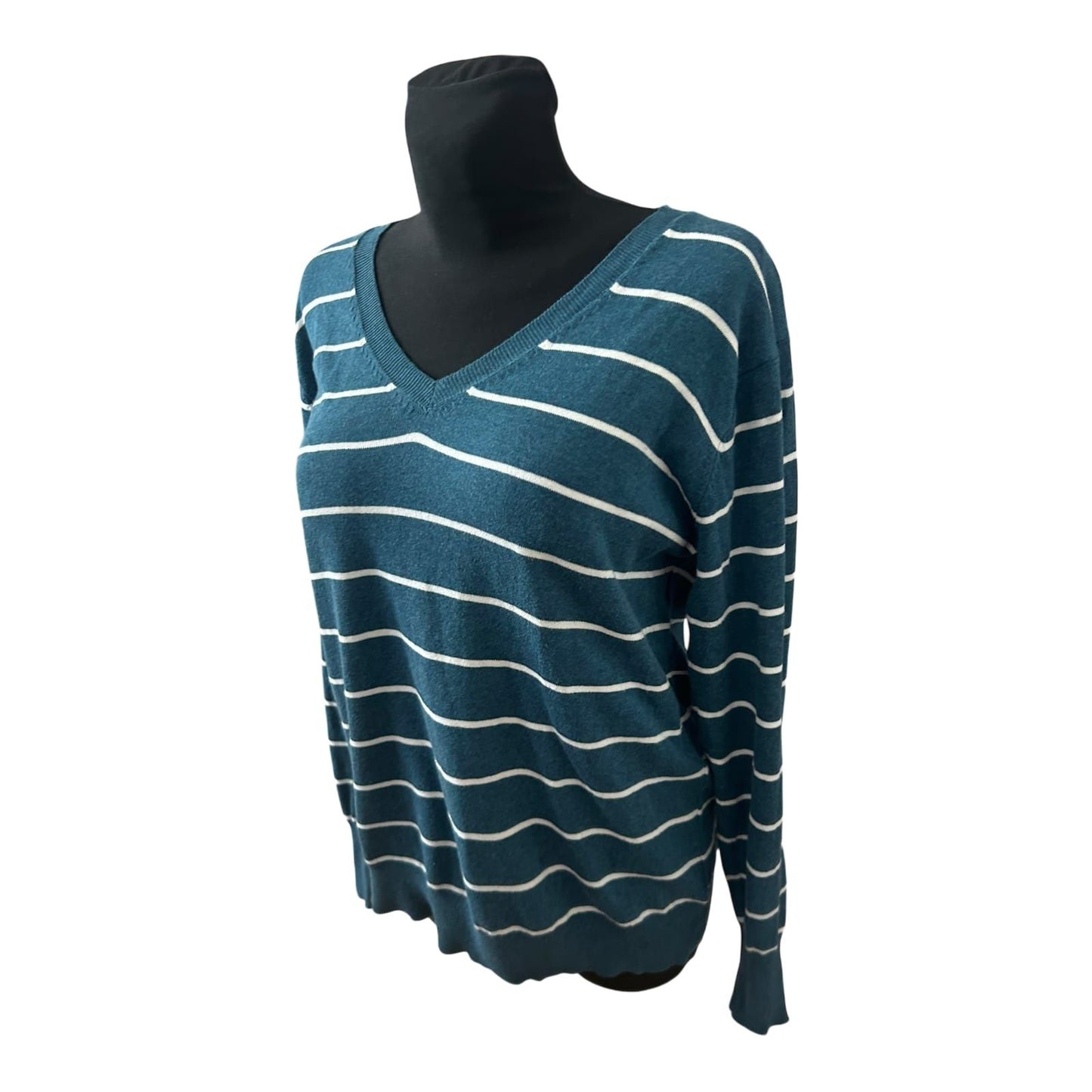 Yessica Damen Pullover XL Petrol Weiss Gestreift V Ausschnitt Feinstrick