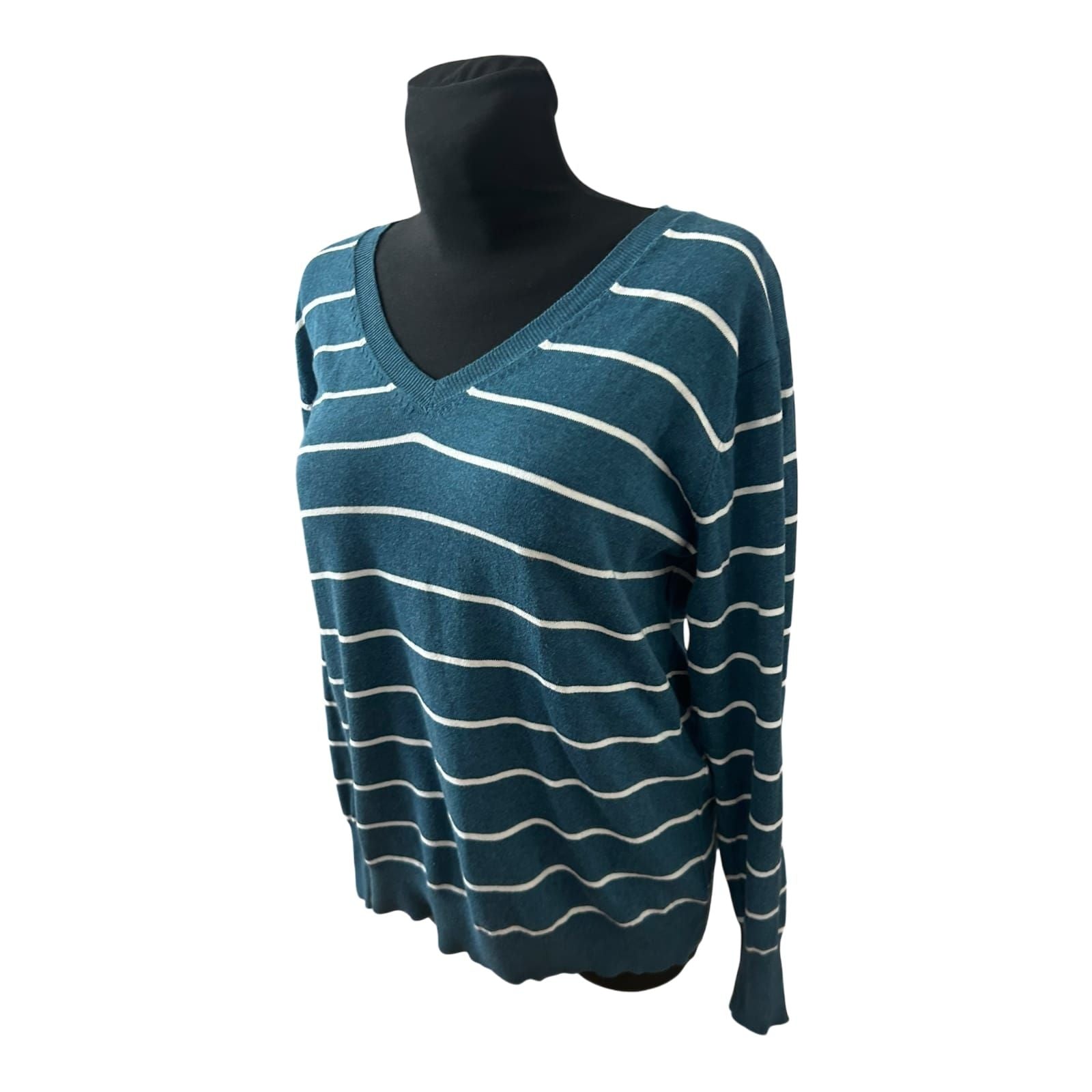 Yessica Damen Pullover XL Petrol Weiss Gestreift V Ausschnitt Feinstrick