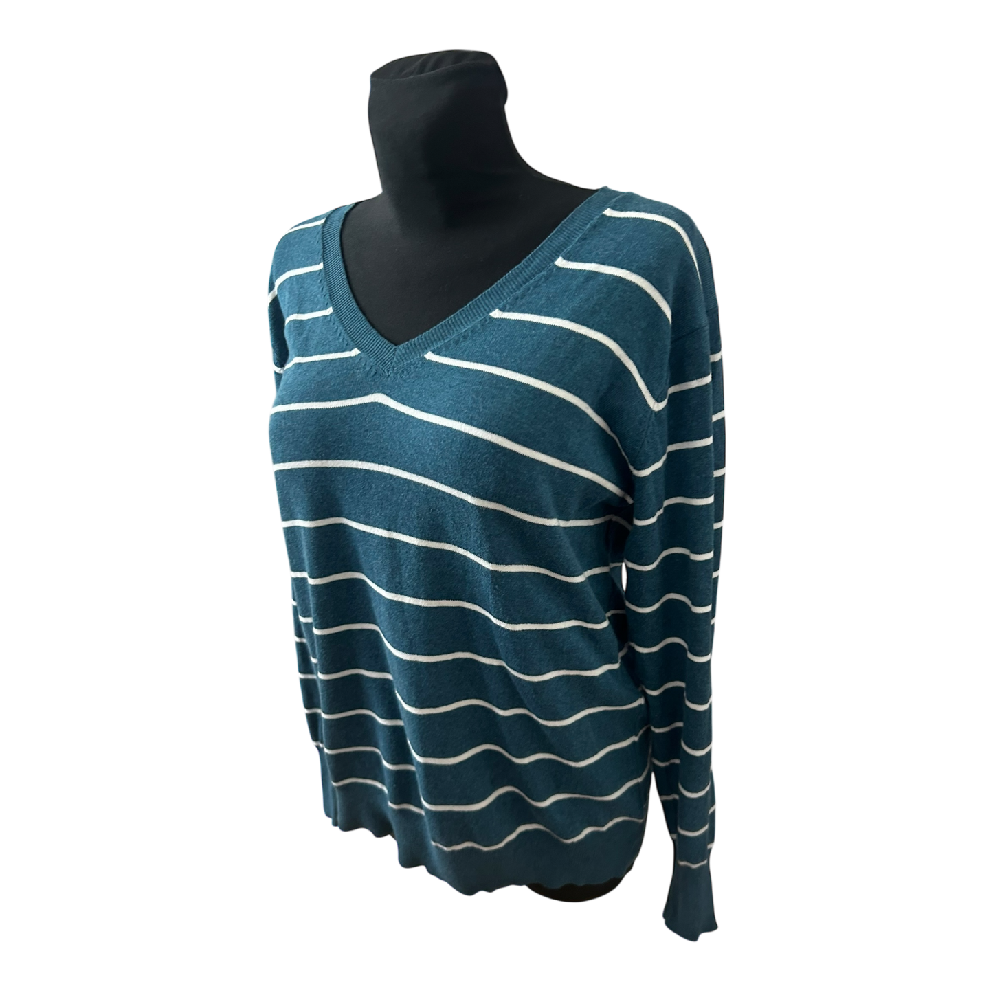 Yessica Damen Pullover XL Petrol Weiss Gestreift V Ausschnitt Feinstrick