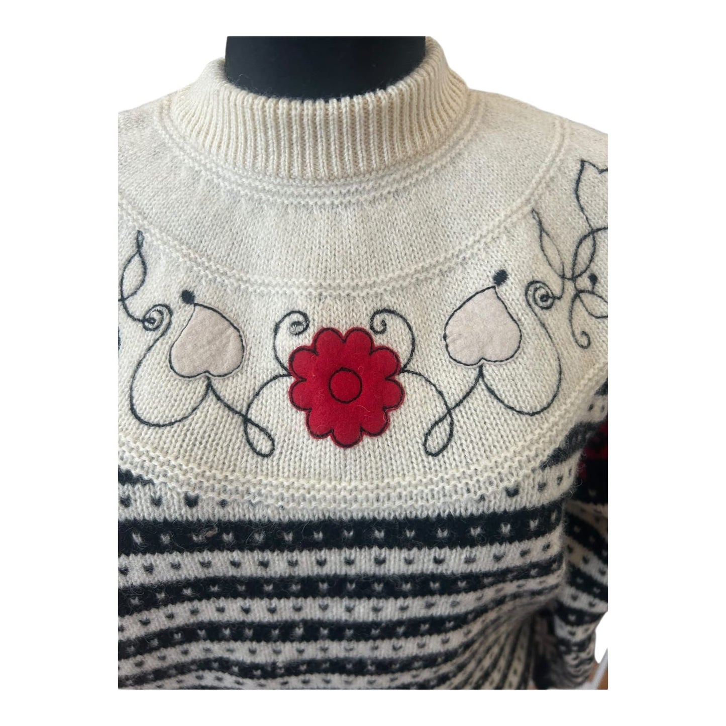 Sisley Pullover Damen L Schurwolle Norweger Muster Schwarz Creme Italien