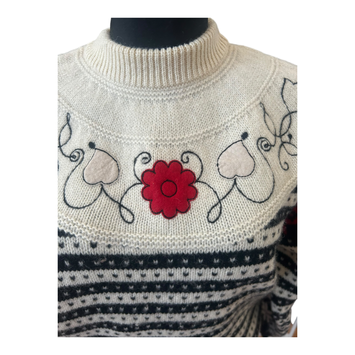 Sisley Pullover Damen L Schurwolle Norweger Muster Schwarz Creme Italien