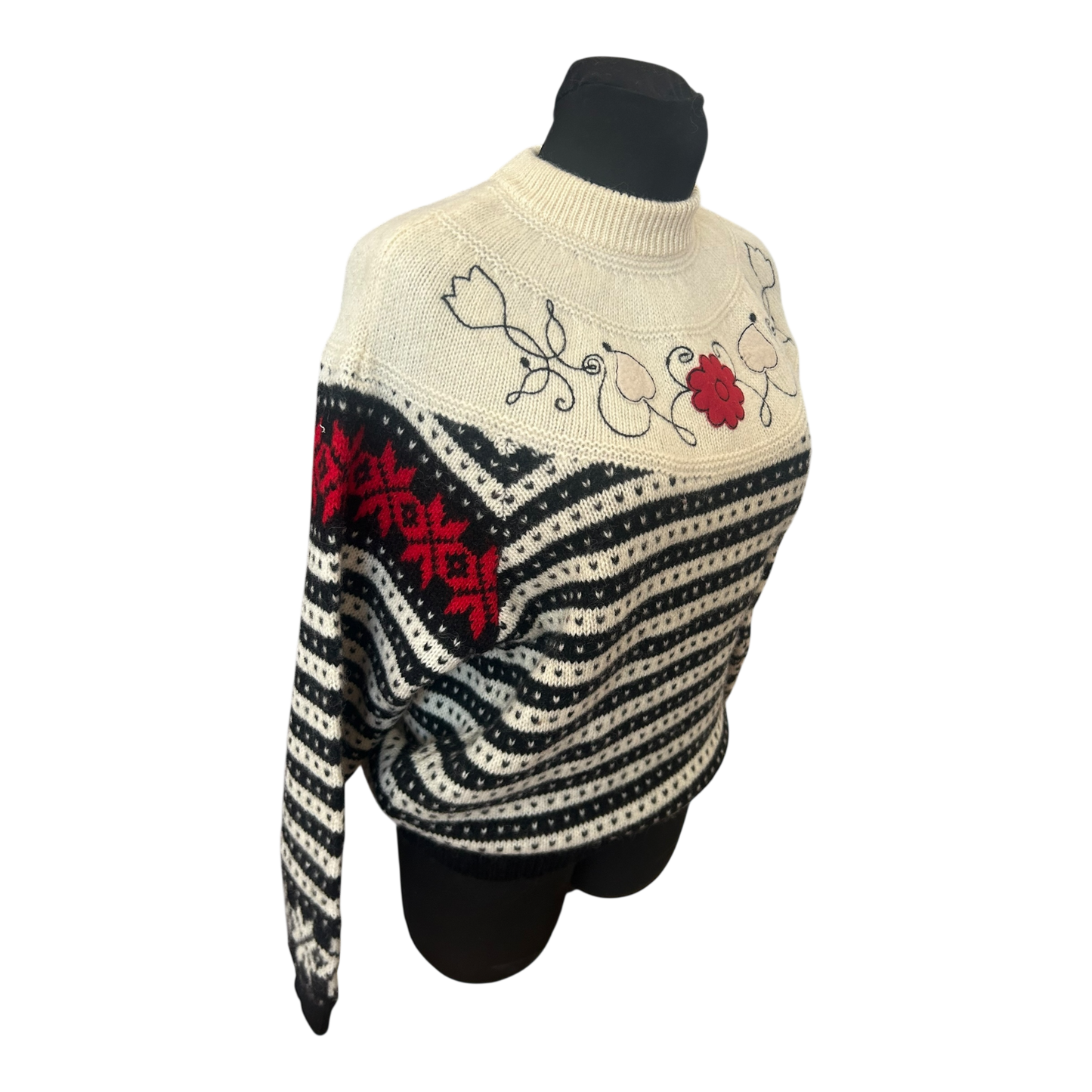 Sisley Pullover Damen L Schurwolle Norweger Muster Schwarz Creme Italien