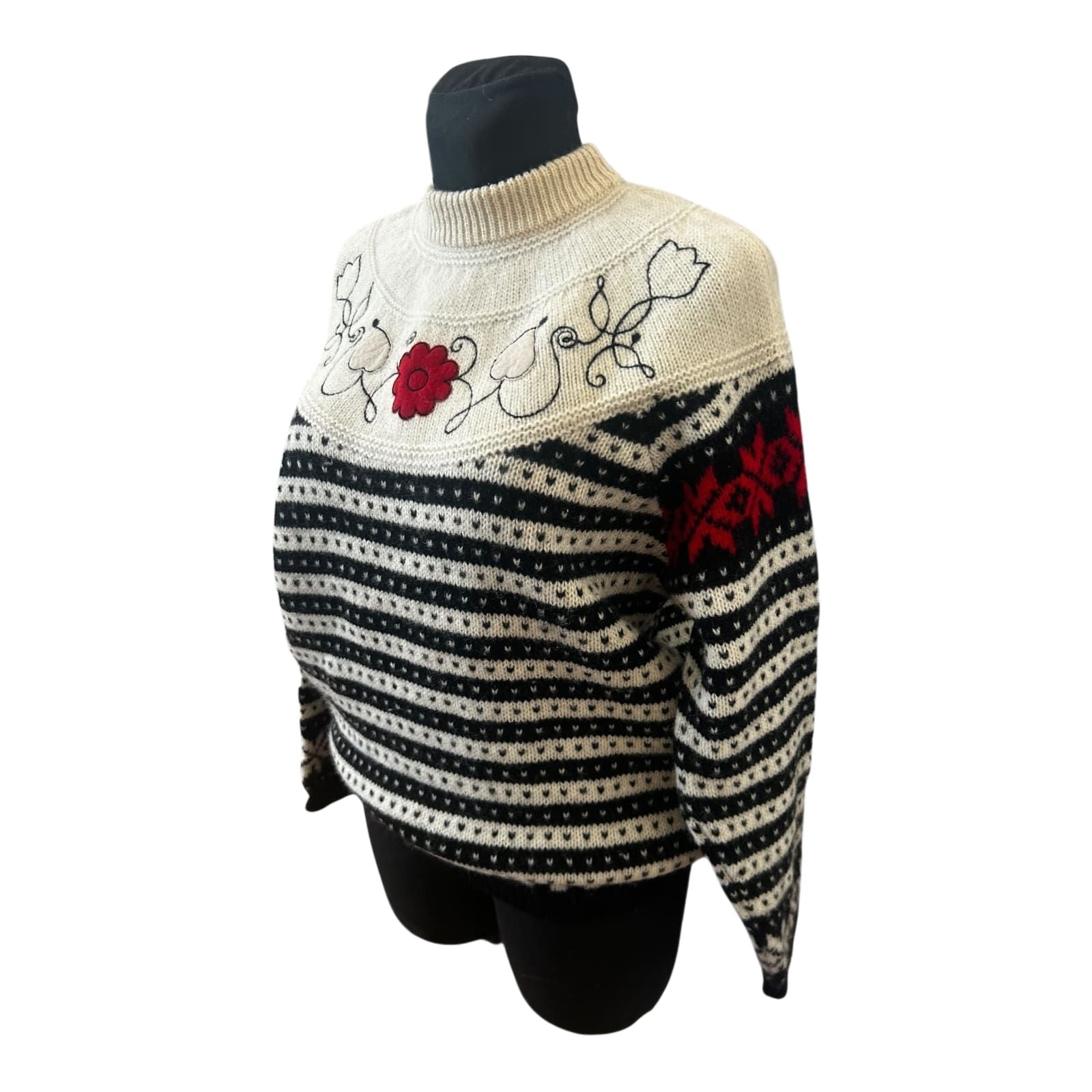Sisley Pullover Damen L Schurwolle Norweger Muster Schwarz Creme Italien
