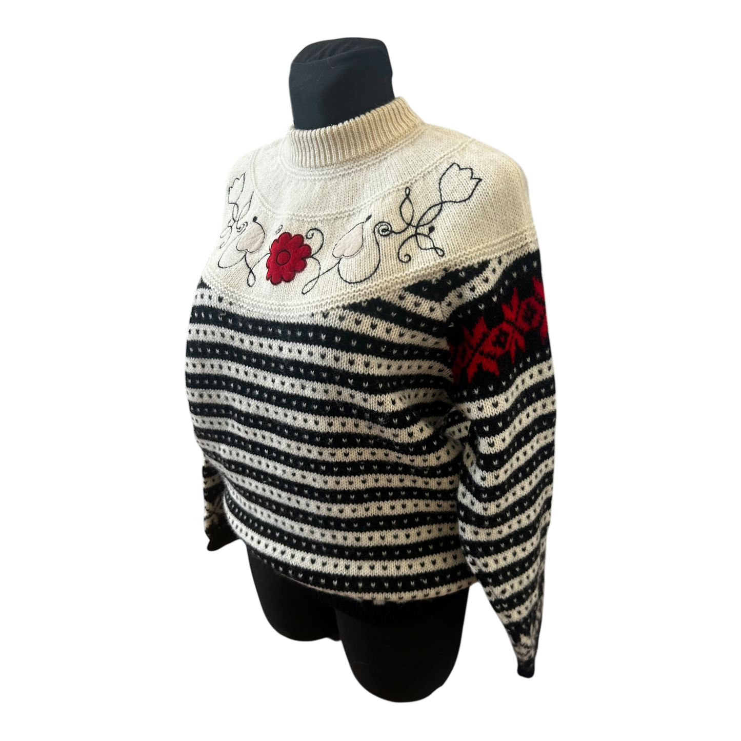 Sisley Pullover Damen L Schurwolle Norweger Muster Schwarz Creme Italien