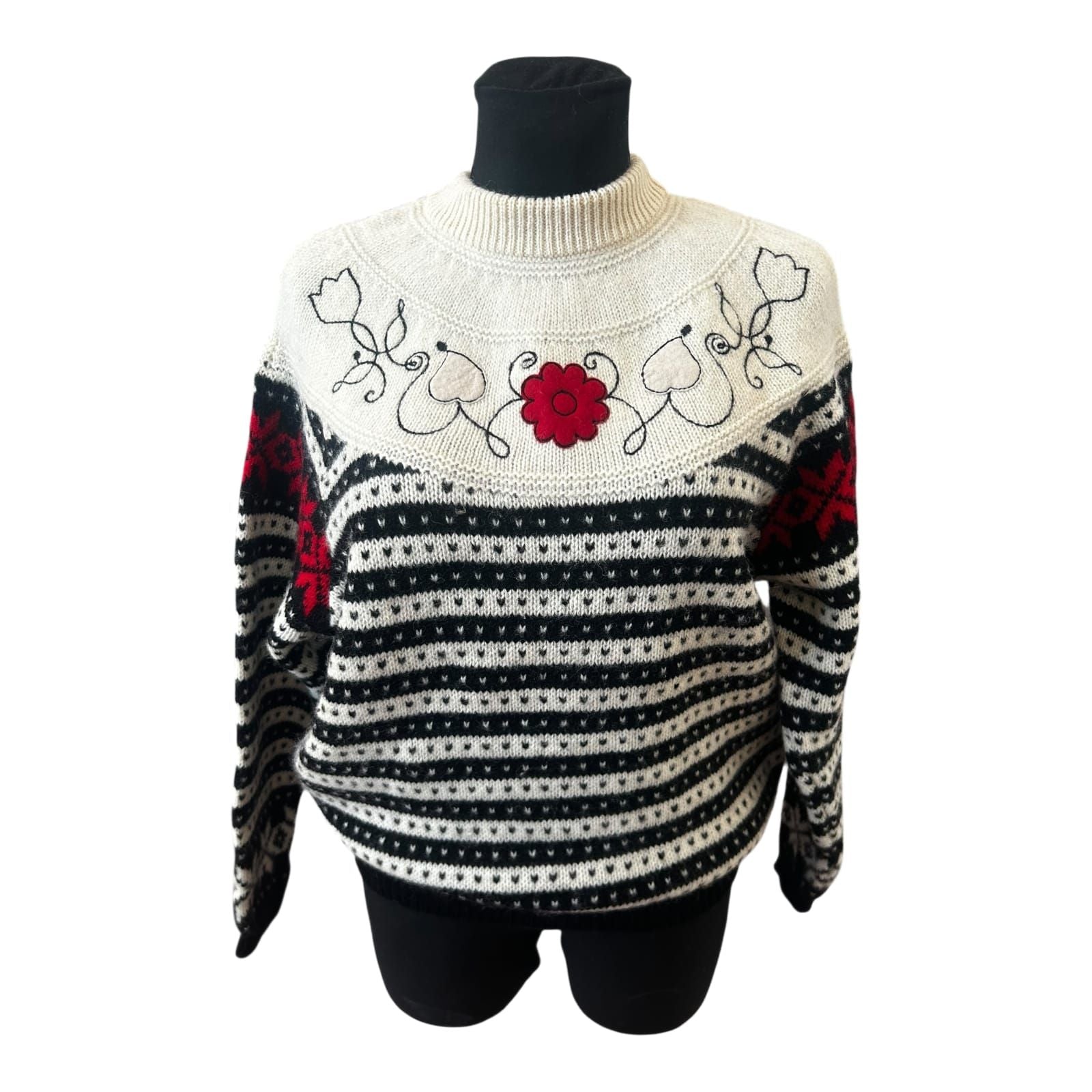 Sisley Pullover Damen L Schurwolle Norweger Muster Schwarz Creme Italien
