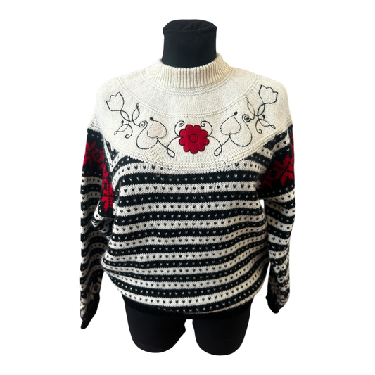 Sisley Pullover Damen L Schurwolle Norweger Muster Schwarz Creme Italien