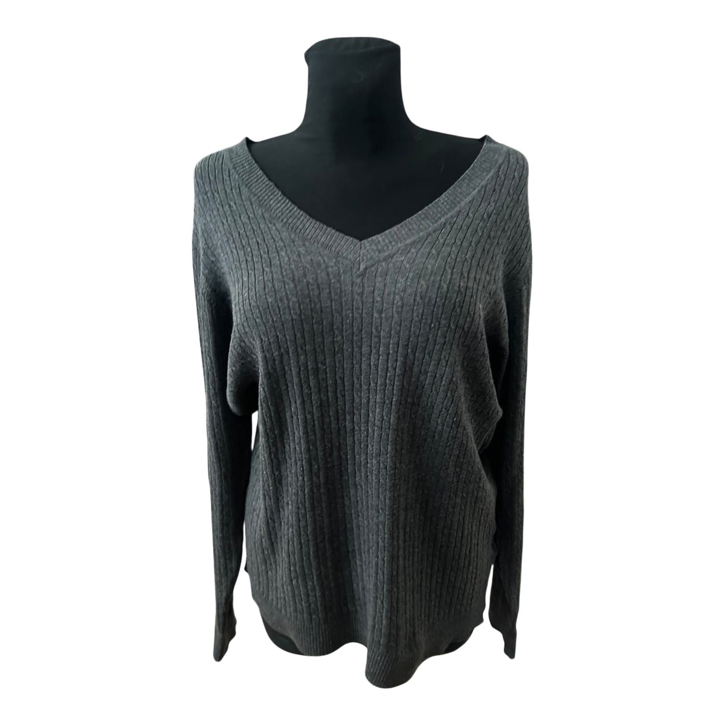 Anne L Pullover Damen Gr L Grau Rippstrick V Ausschnitt Weit Gestrickt Elegant