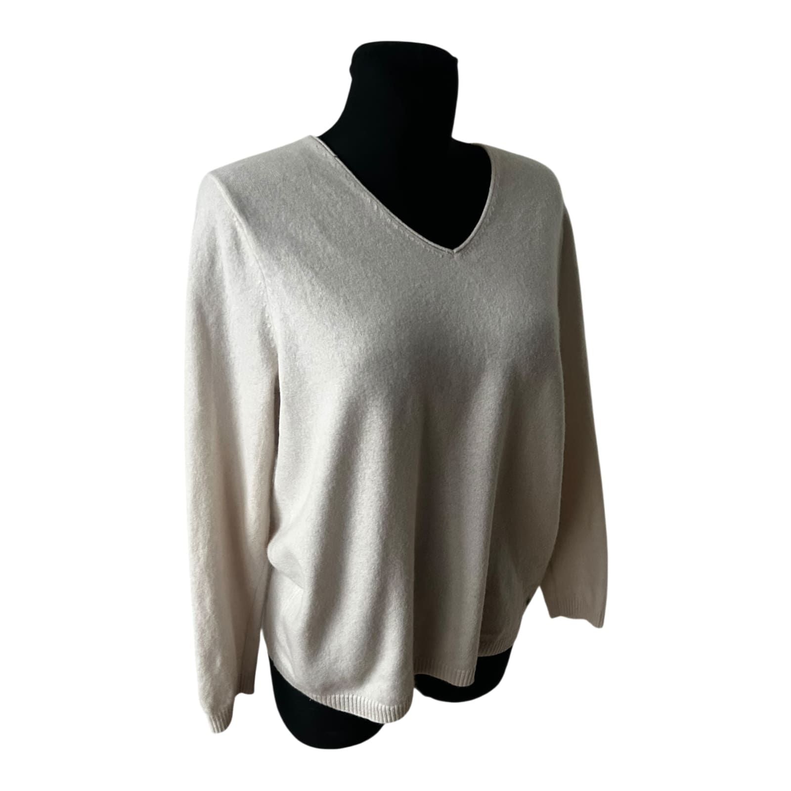 Gerry Weber Damen Kaschmir Pullover Größe 46 Creme V-Ausschnitt Elegant