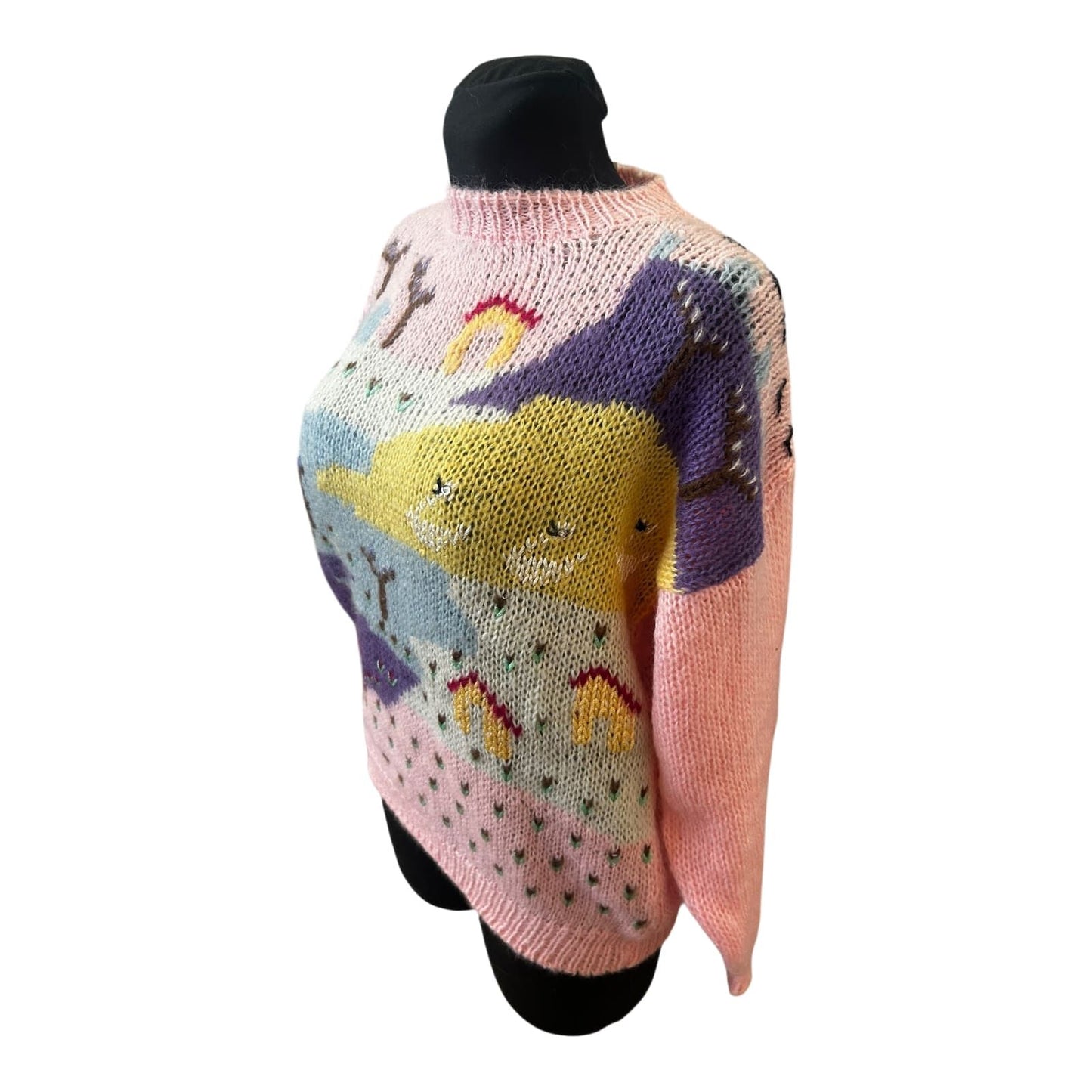 Vintage Damen Pullover Gr 36 Rundhals Grobstrick Mohair Wolle Bunt