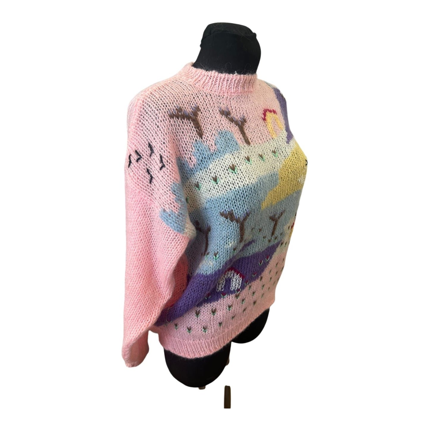 Vintage Damen Pullover Gr 36 Rundhals Grobstrick Mohair Wolle Bunt
