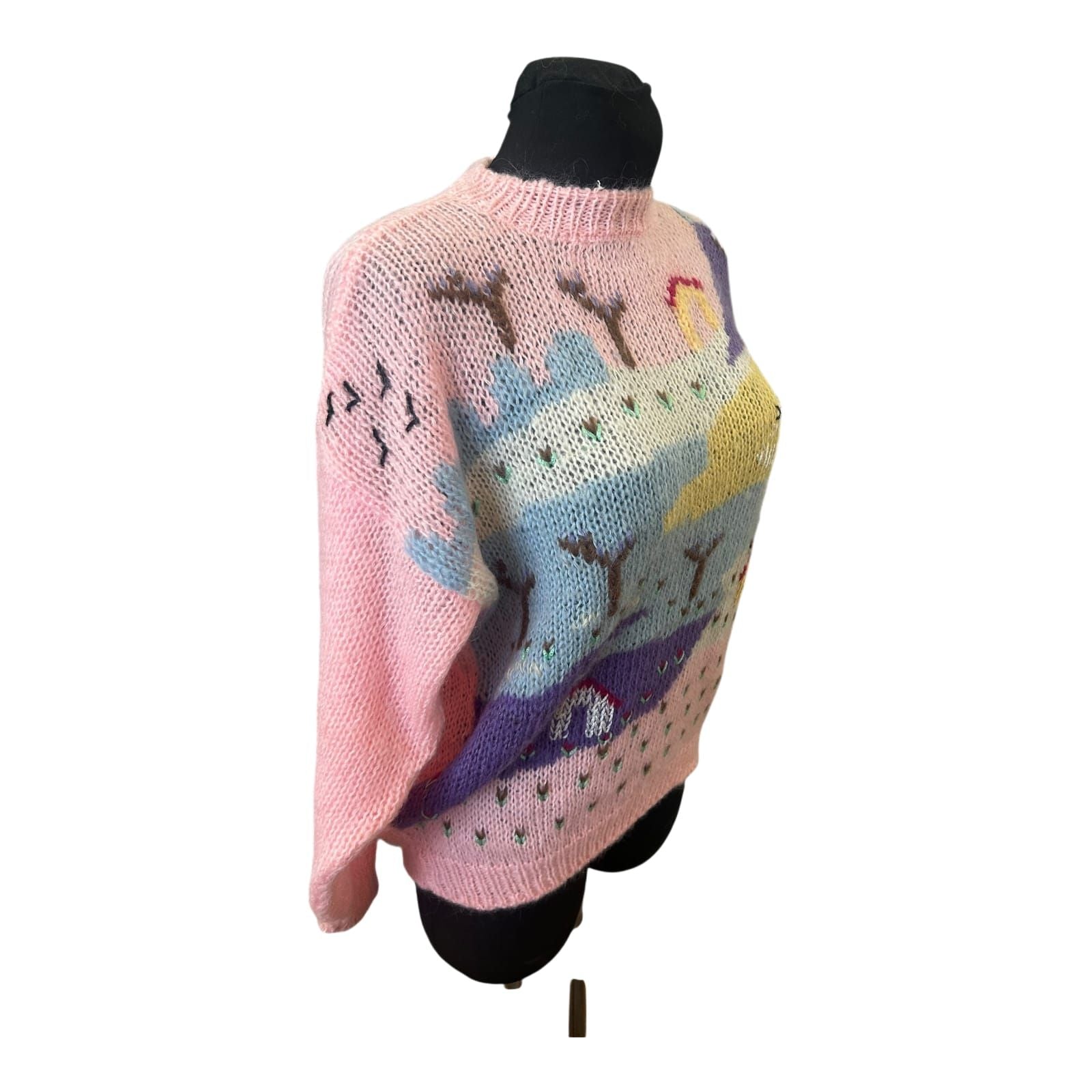 Vintage Damen Pullover Gr 36 Rundhals Grobstrick Mohair Wolle Bunt