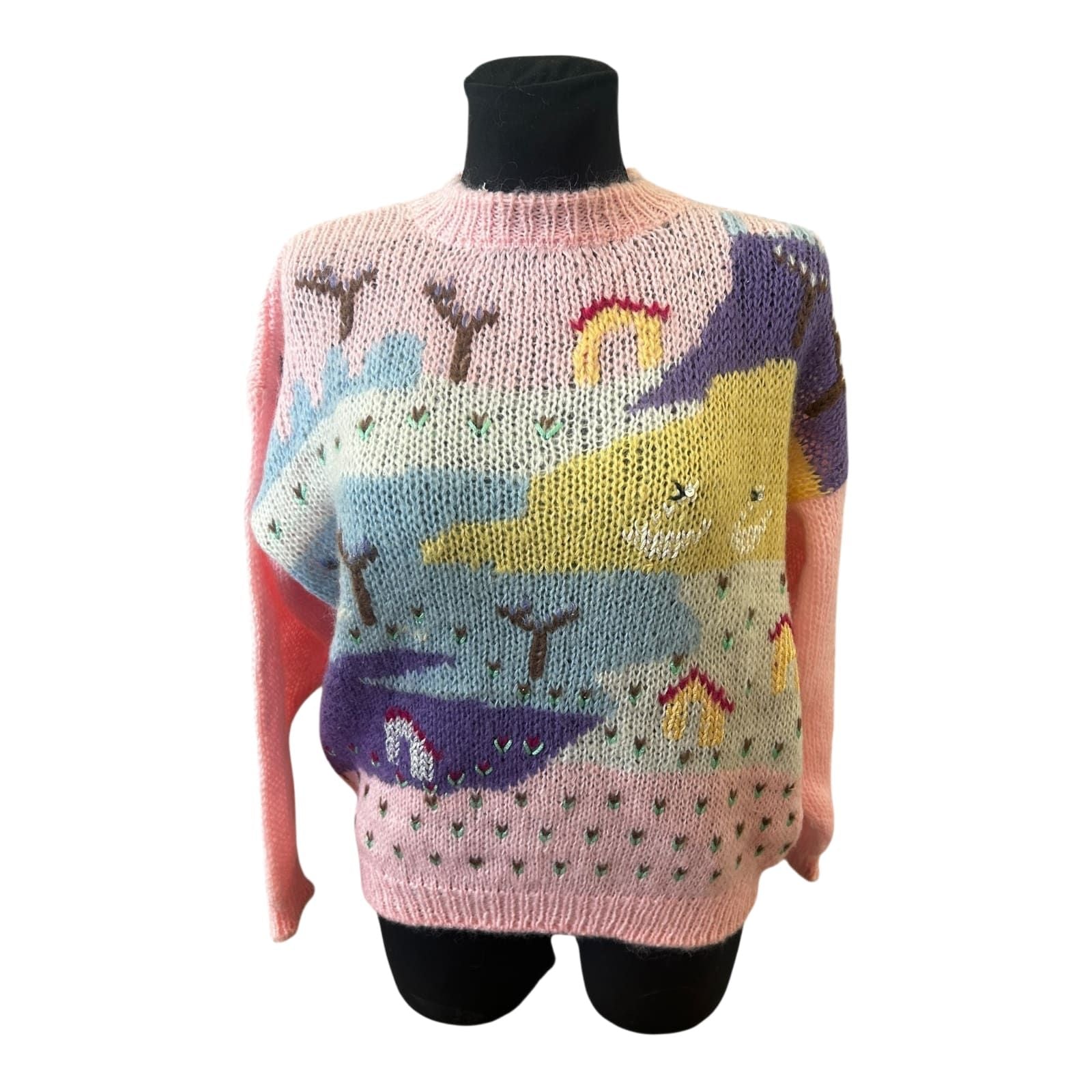 Vintage Damen Pullover Gr 36 Rundhals Grobstrick Mohair Wolle Bunt