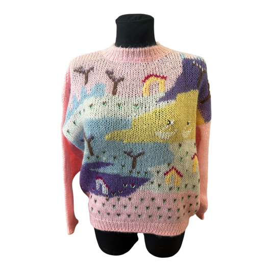 Vintage Damen Pullover Gr 36 Rundhals Grobstrick Mohair Wolle Bunt