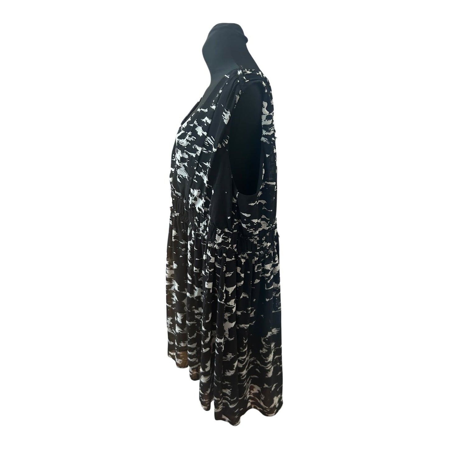 H&M Kleid Damen Gr 50 Schwarz Weiß Muster Ärmellos Elegant