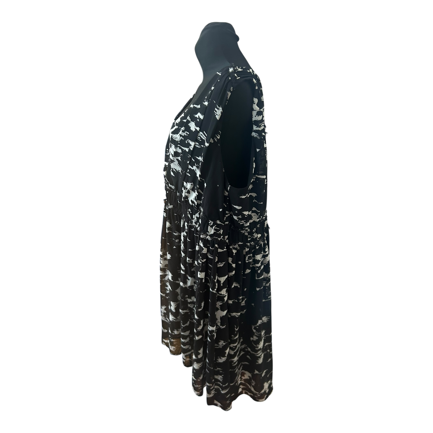 H&M Kleid Damen Gr 50 Schwarz Weiß Muster Ärmellos Elegant