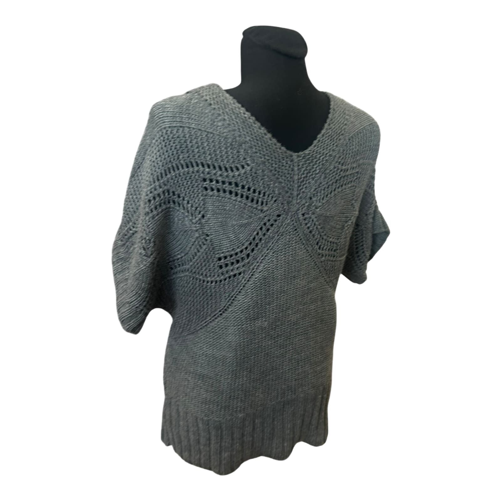 Yessica Damen Strickpullover Grau Grobstrick V Ausschnitt Kurzarm Gr L