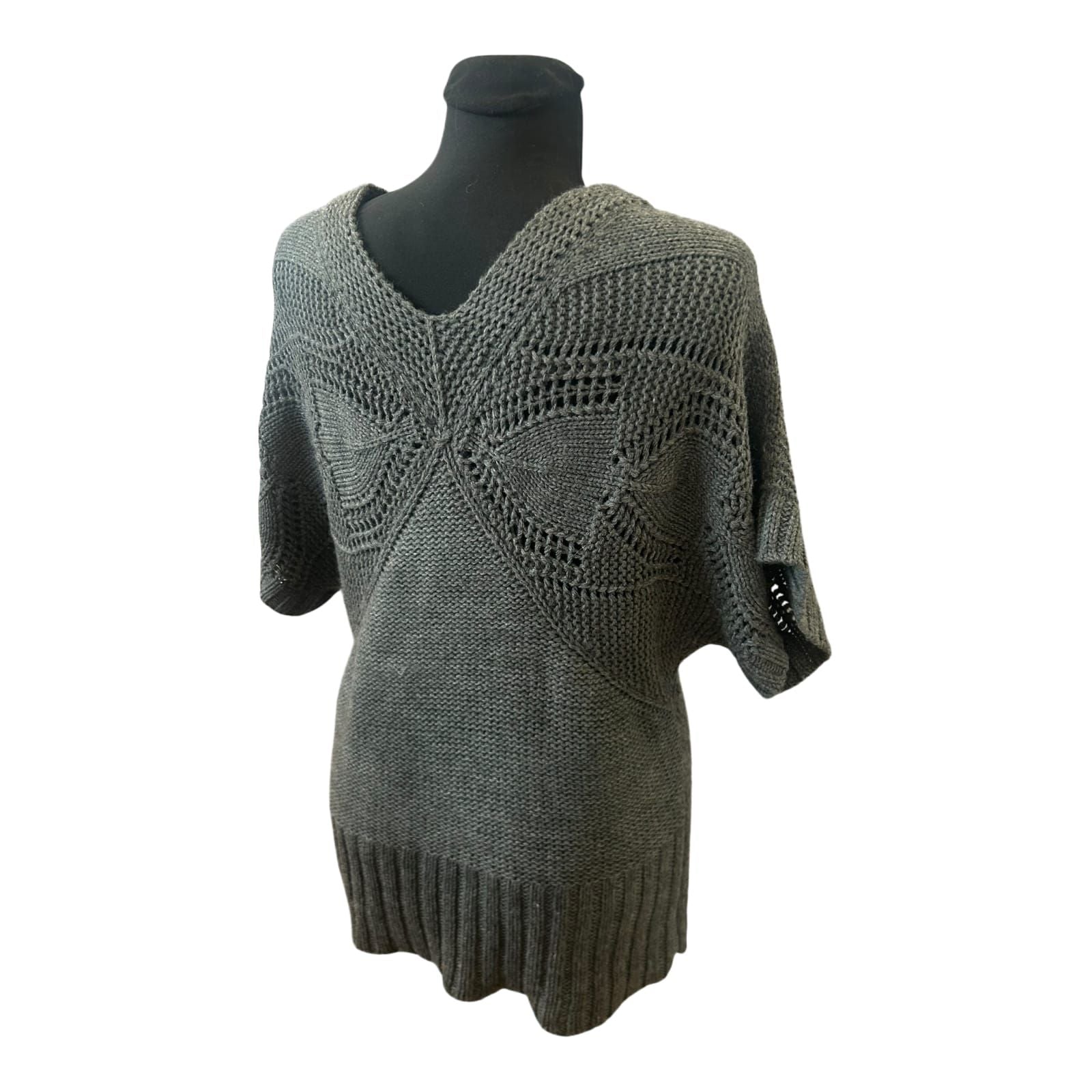 Yessica Damen Strickpullover Grau Grobstrick V Ausschnitt Kurzarm Gr L
