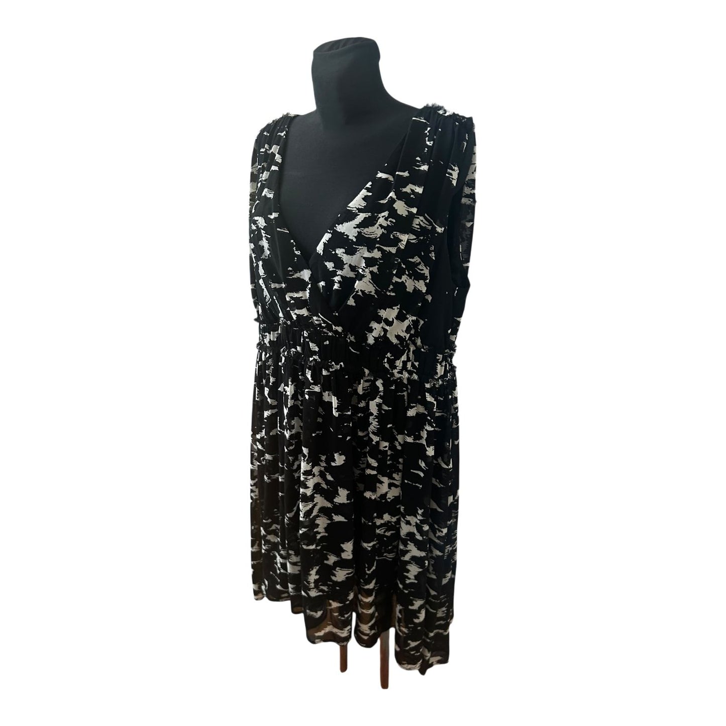 H&M Kleid Damen Gr 50 Schwarz Weiß Muster Ärmellos Elegant
