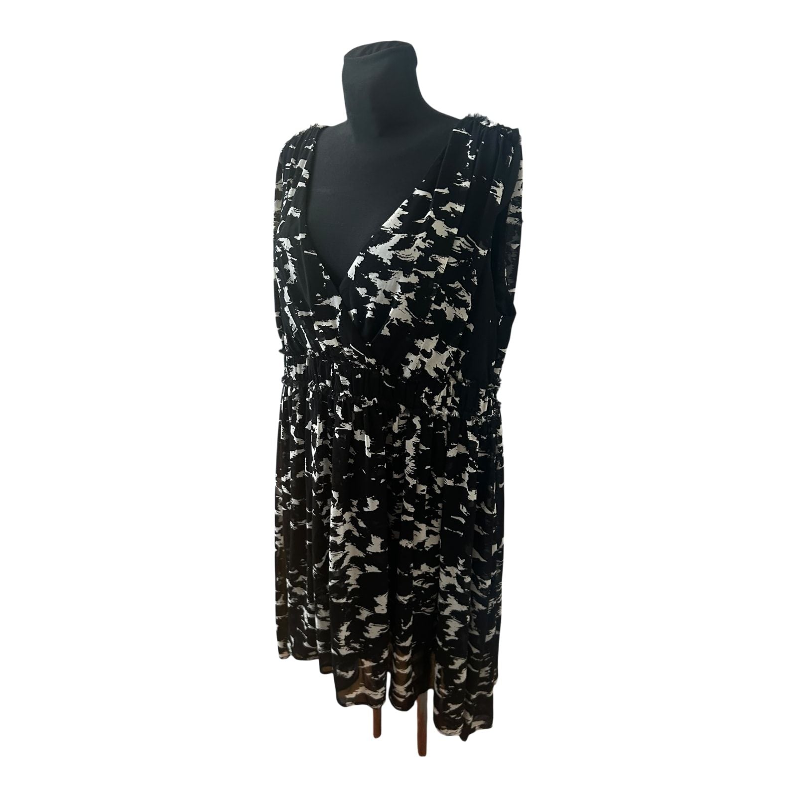 H&M Kleid Damen Gr 50 Schwarz Weiß Muster Ärmellos Elegant