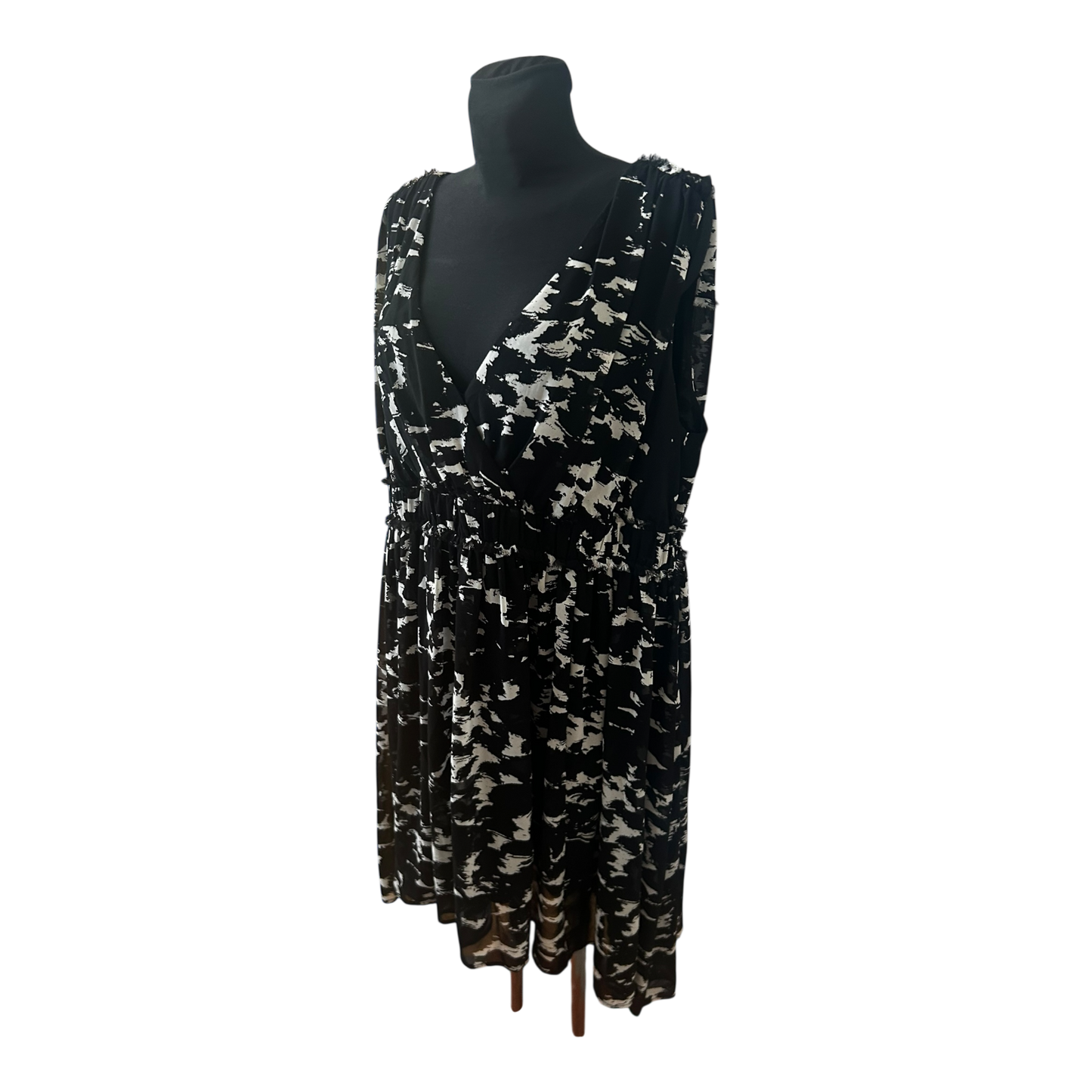 H&M Kleid Damen Gr 50 Schwarz Weiß Muster Ärmellos Elegant