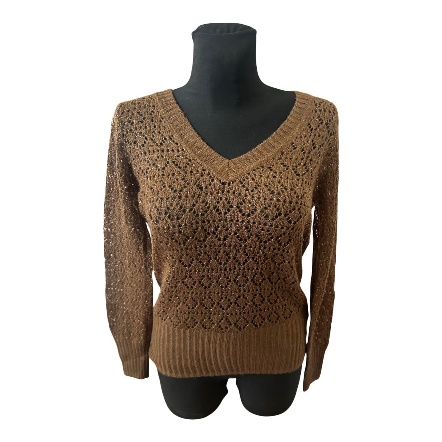 Dream Girl Damen Pullover Strick Spitze Braun Goldfäden Gr L Elegant